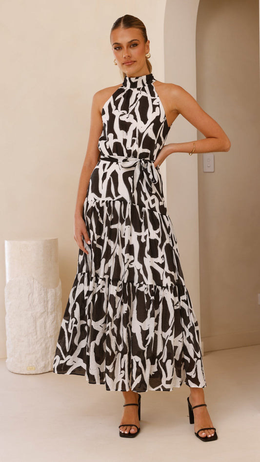 River Halter Midi Dress - Black/White