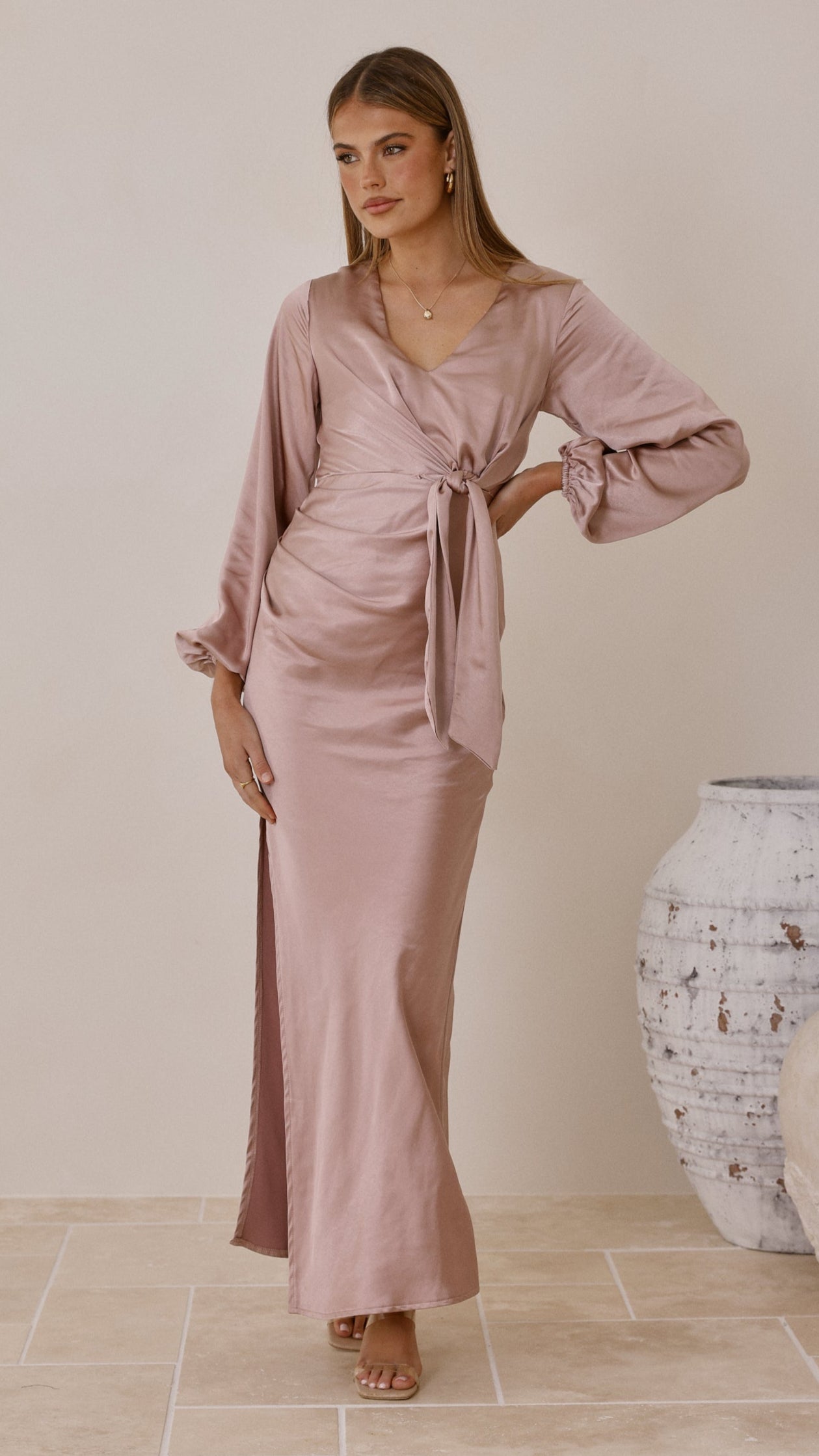 Ivy Long Sleeve Tie Front Maxi Dress - Dusty Pink
