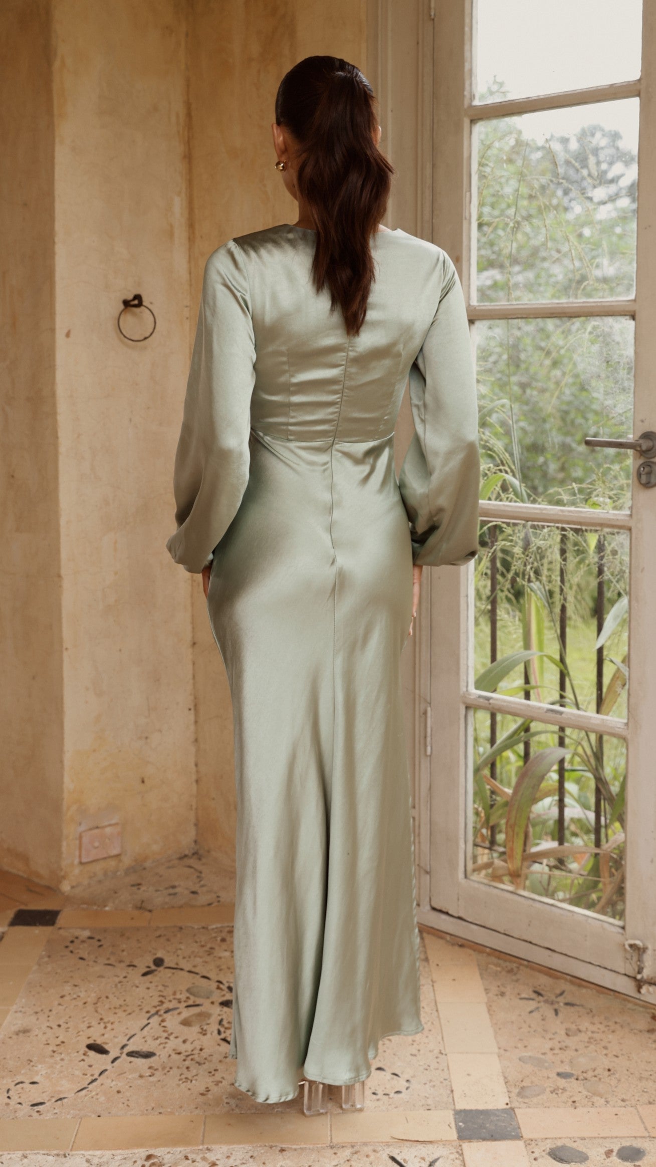 Ivy Long Sleeve Tie Front Maxi Dress - Sage