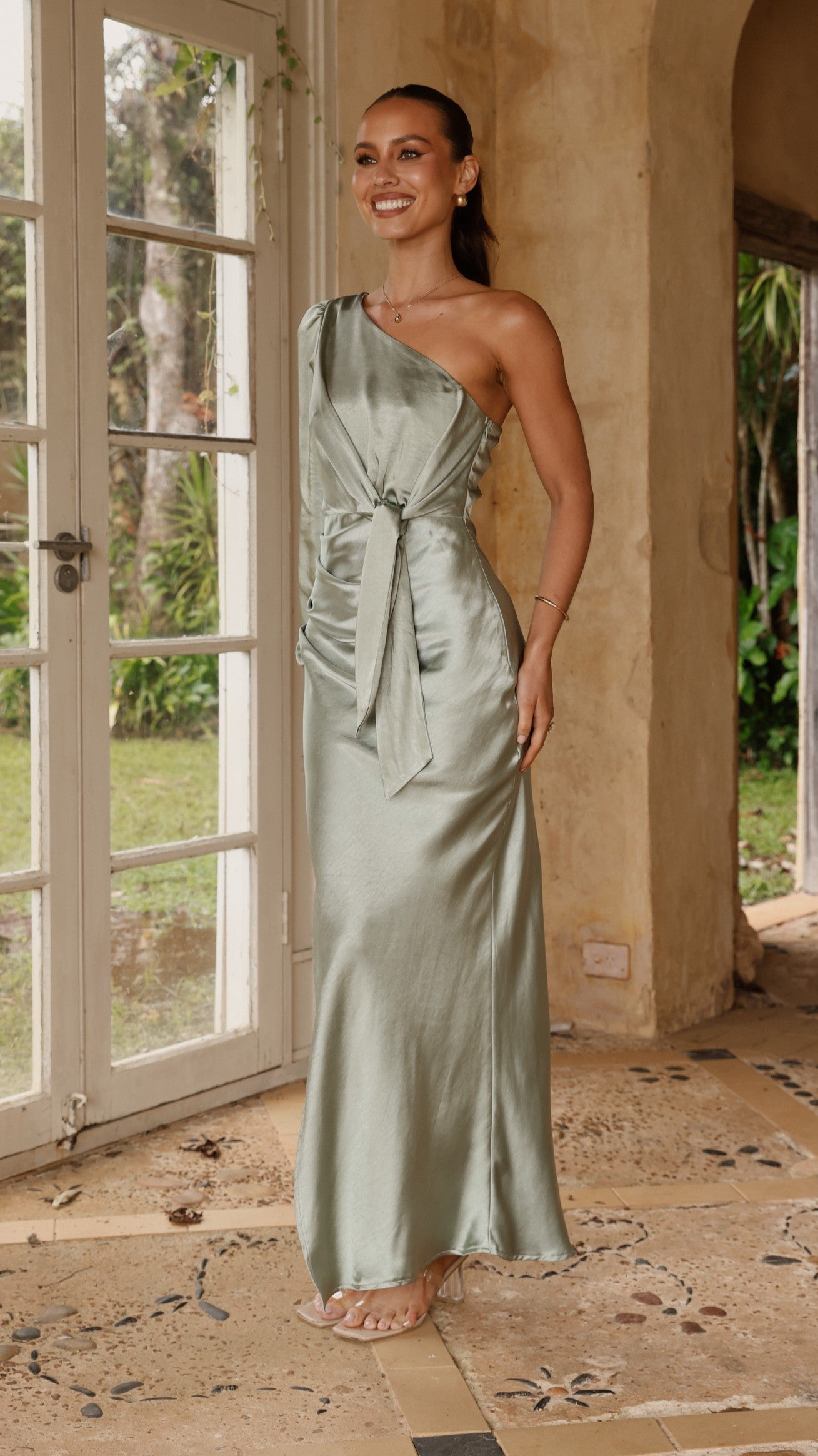 Eden One Shoulder Tie Front Maxi Dress - Sage