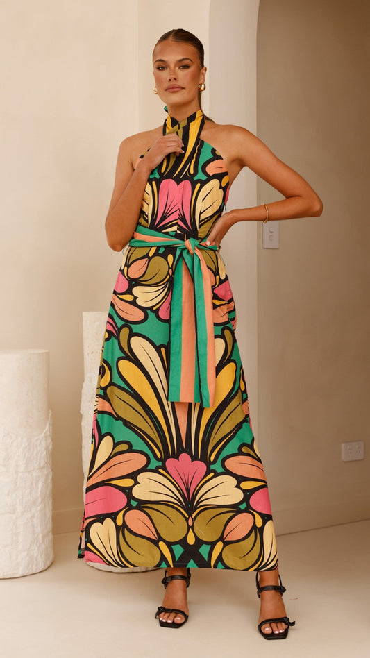 Portugal Twist Halter Maxi Dress - Apple