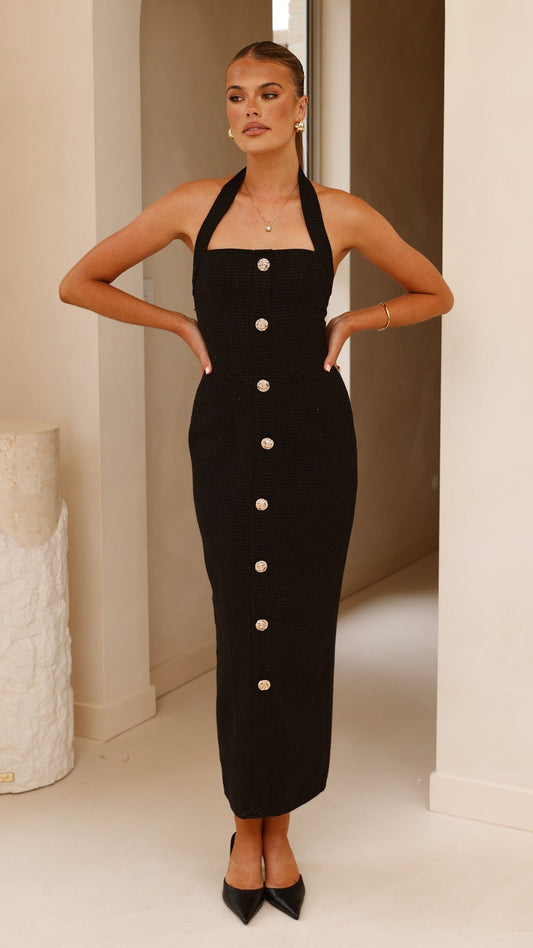 Tierra Button Midi Dress - Black