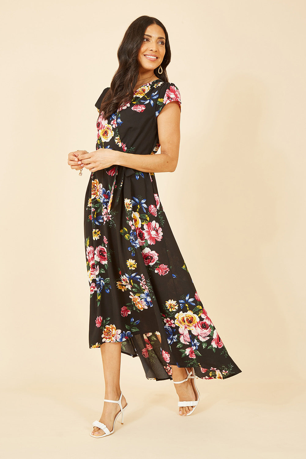 Mela Black Floral Wrap Over Dipped Hem Midi Dress