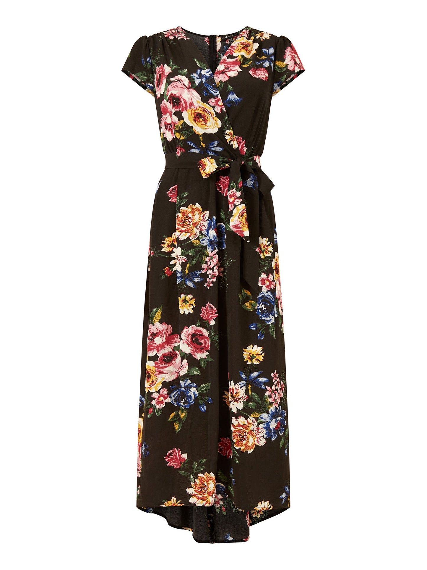 Mela Black Floral Wrap Over Dipped Hem Midi Dress