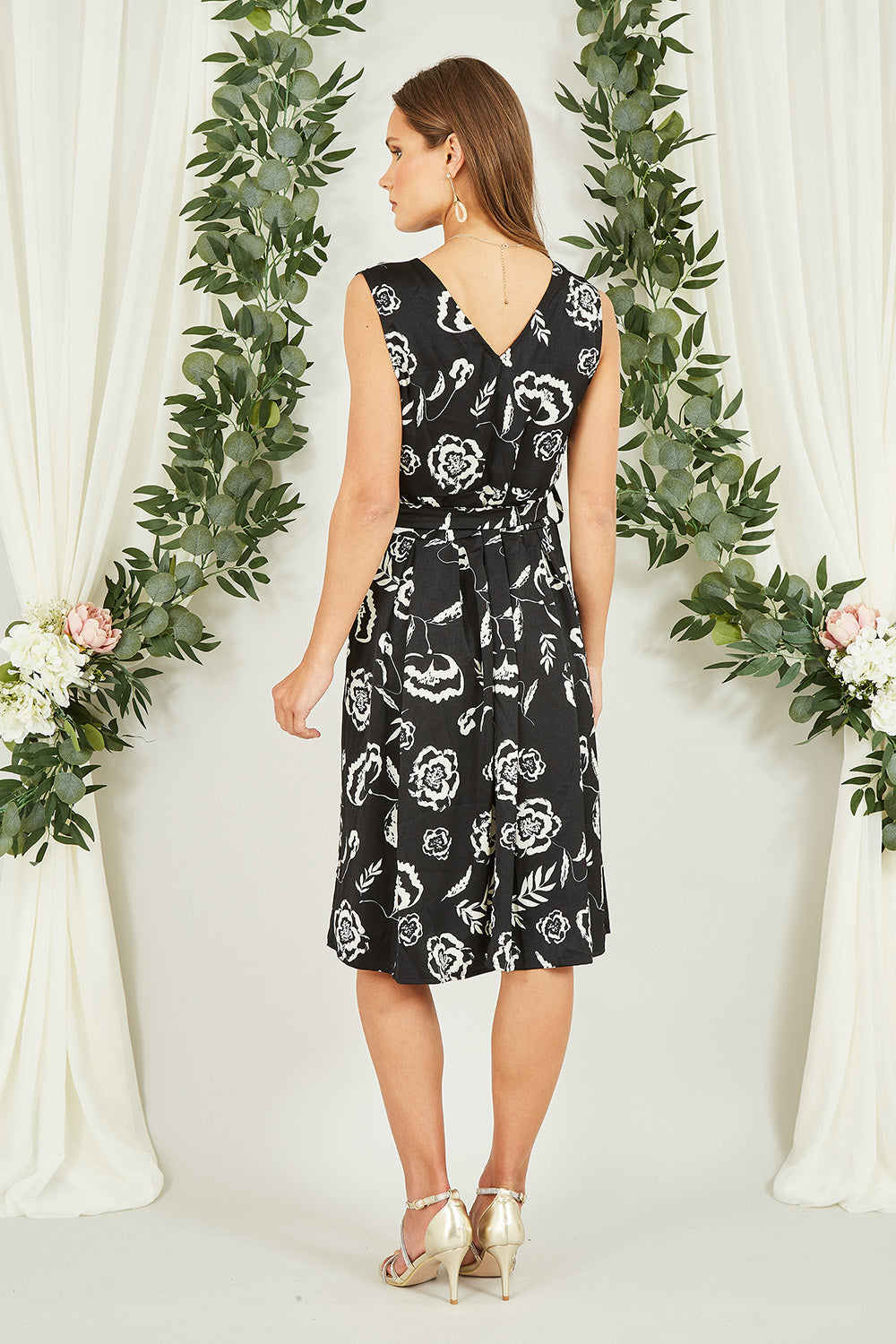 Mela Black Satin Floral Wrap Skater Midi Dress
