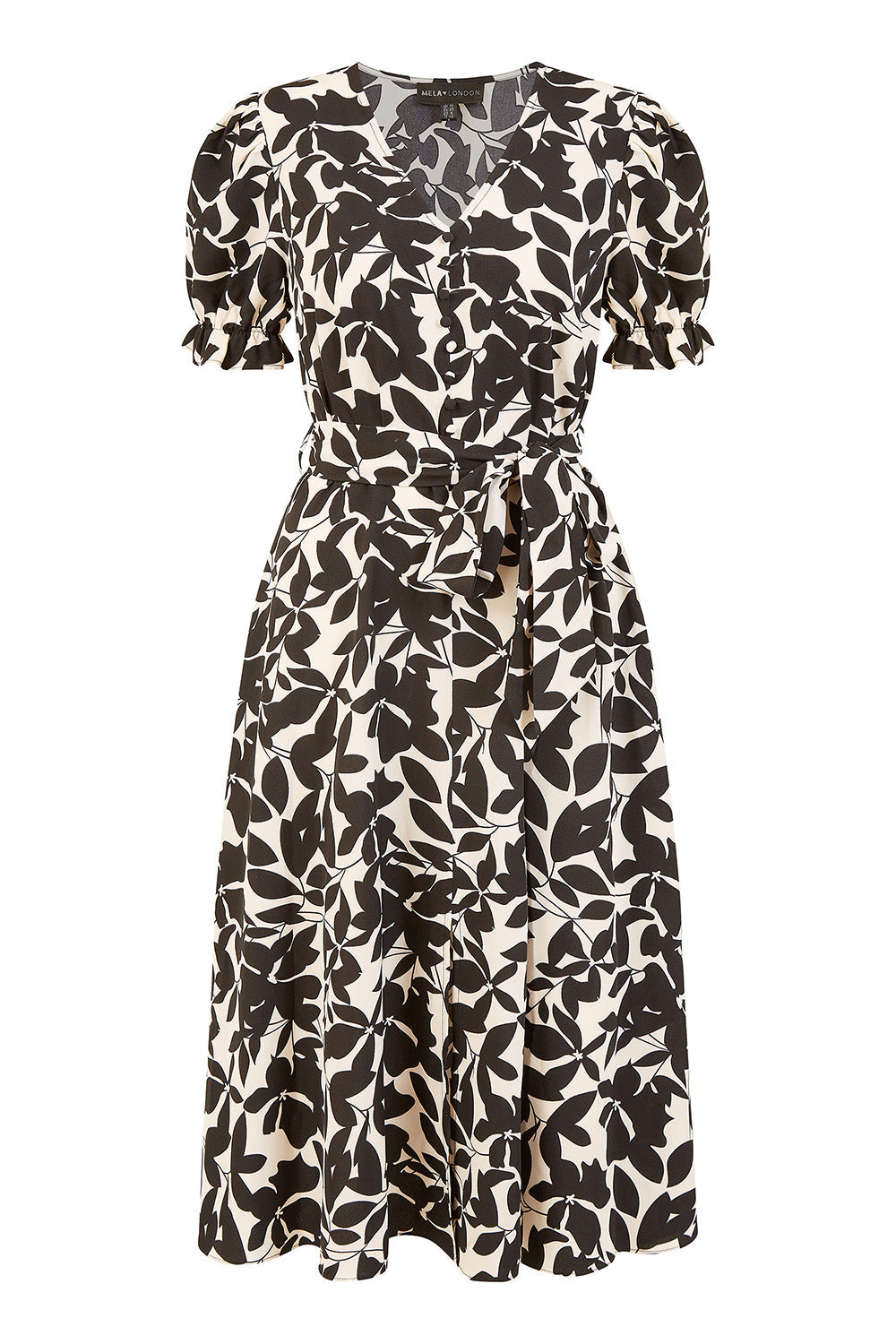 Mela Black And White Leaf Print Midi Tea Dress