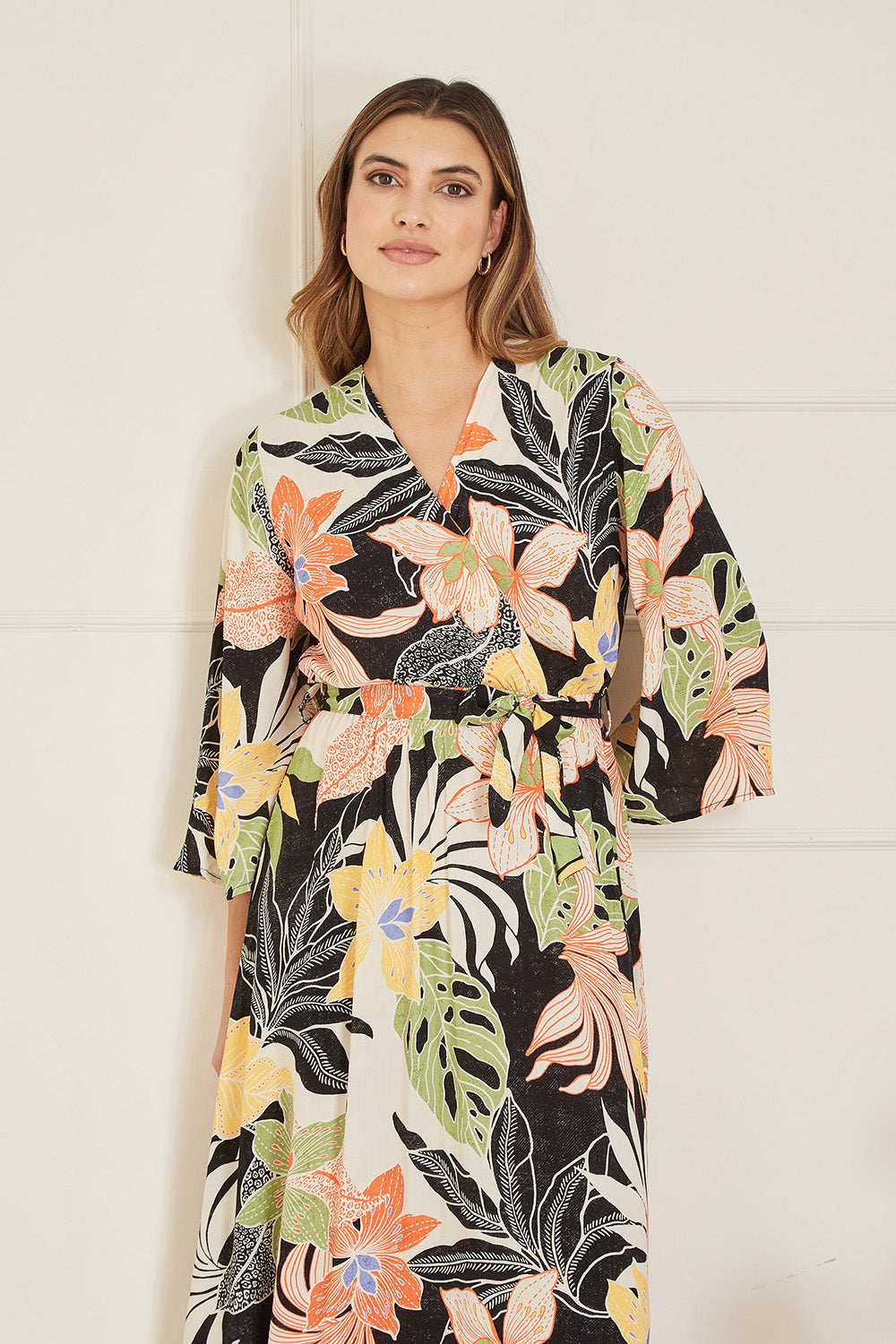 Mela Black Tropical Print Wrap Midi Dress