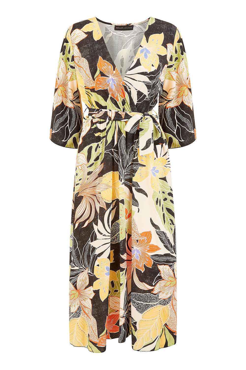 Mela Black Tropical Print Wrap Midi Dress