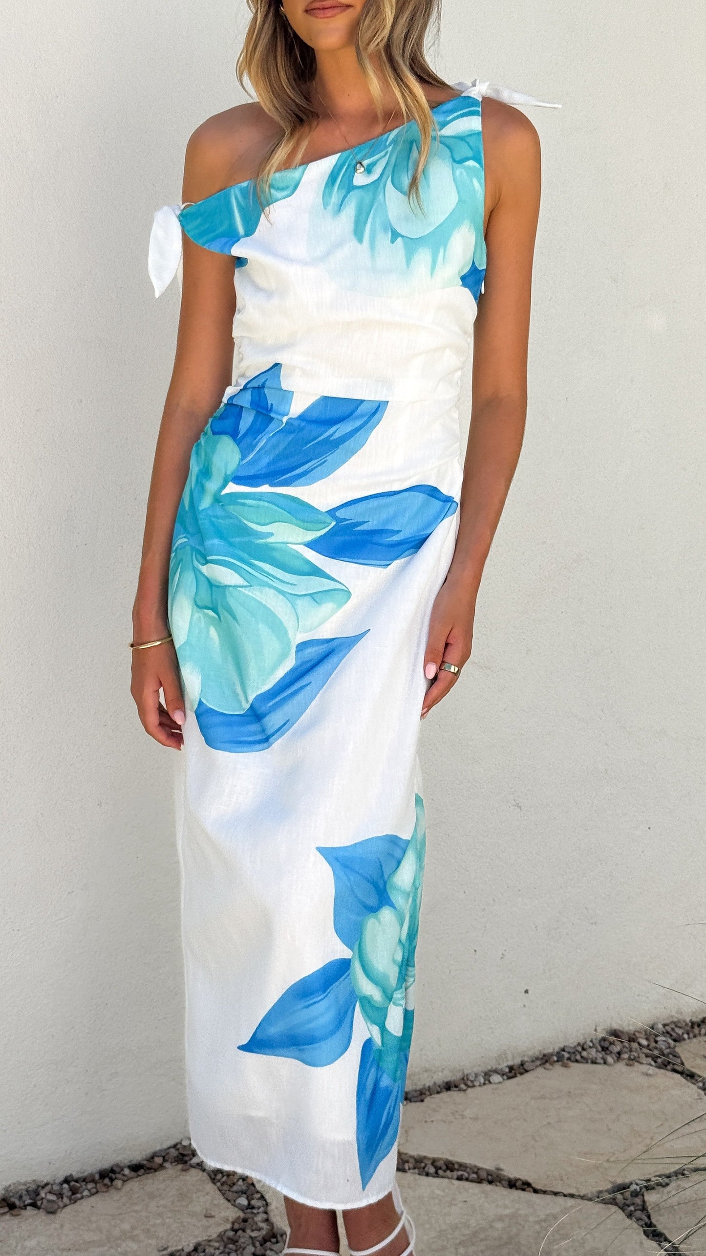 Maisy Shoulder Tie Midi Dress - Blue Teal