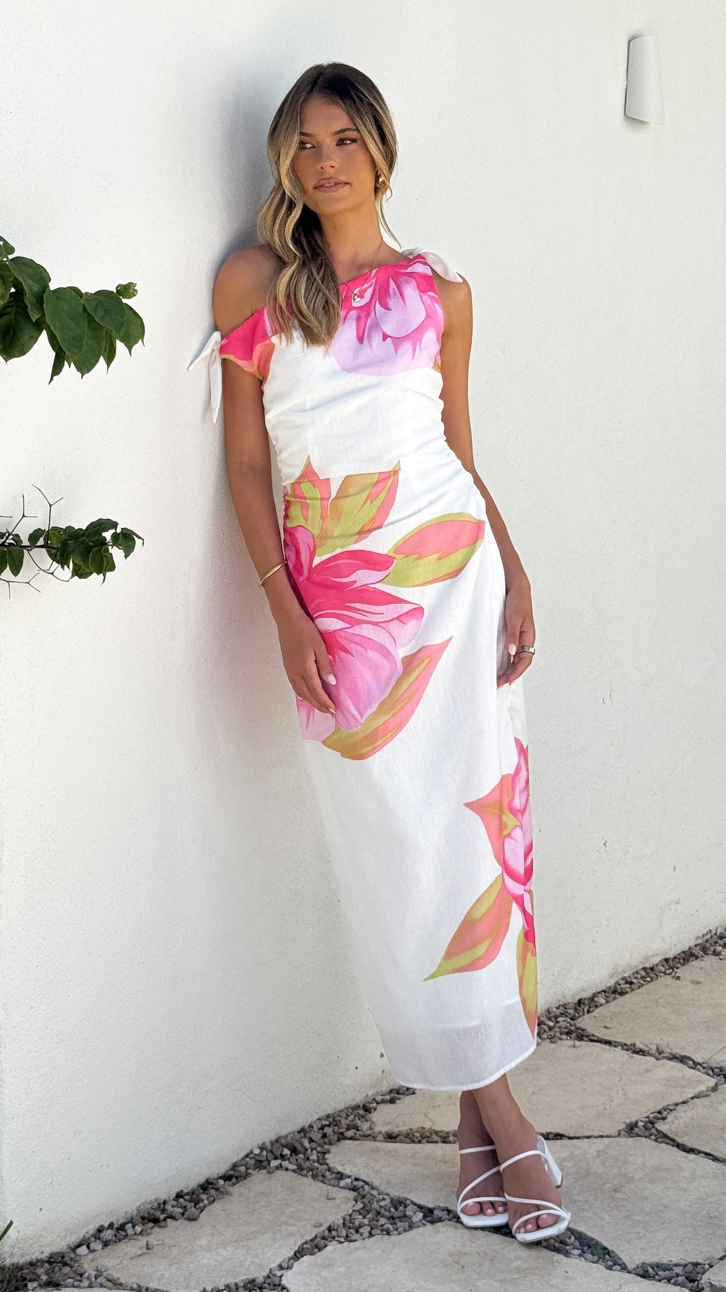 Maisy Shoulder Tie Midi Dress - Pink Green