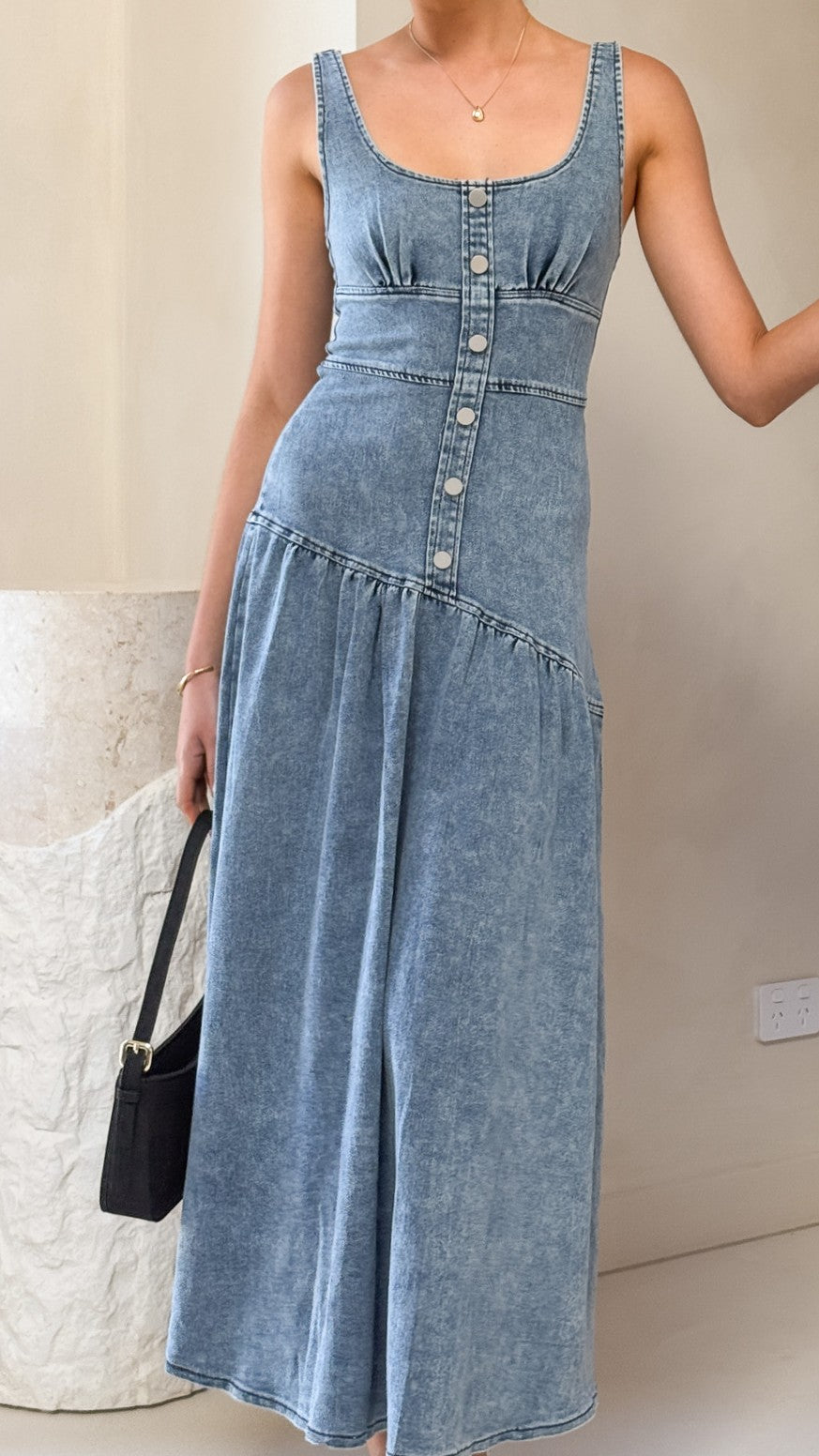 Generosa Button Front Maxi Dress - Mid Blue Denim