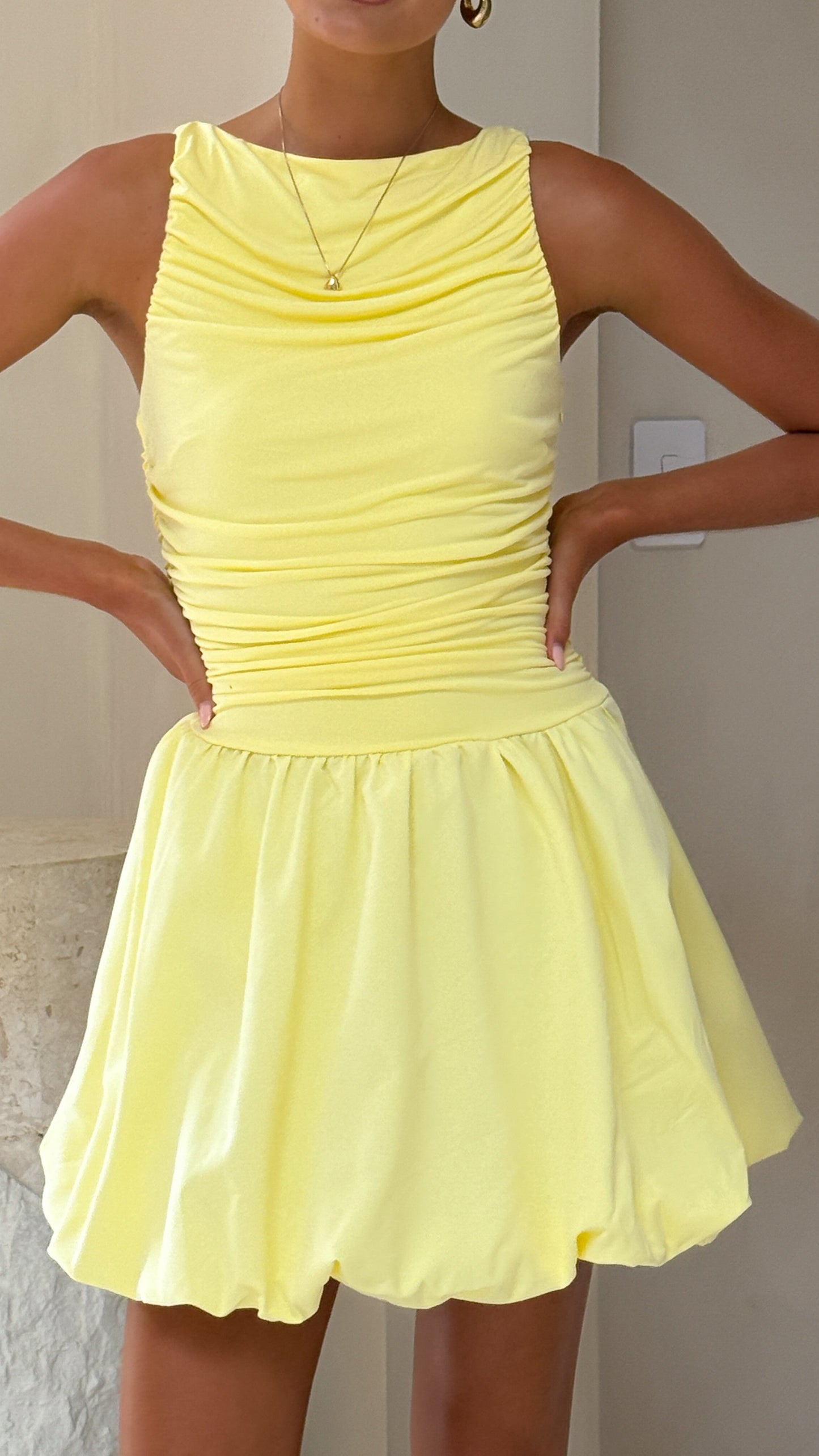 Meera Boat Neck Mini Dress - Lemon