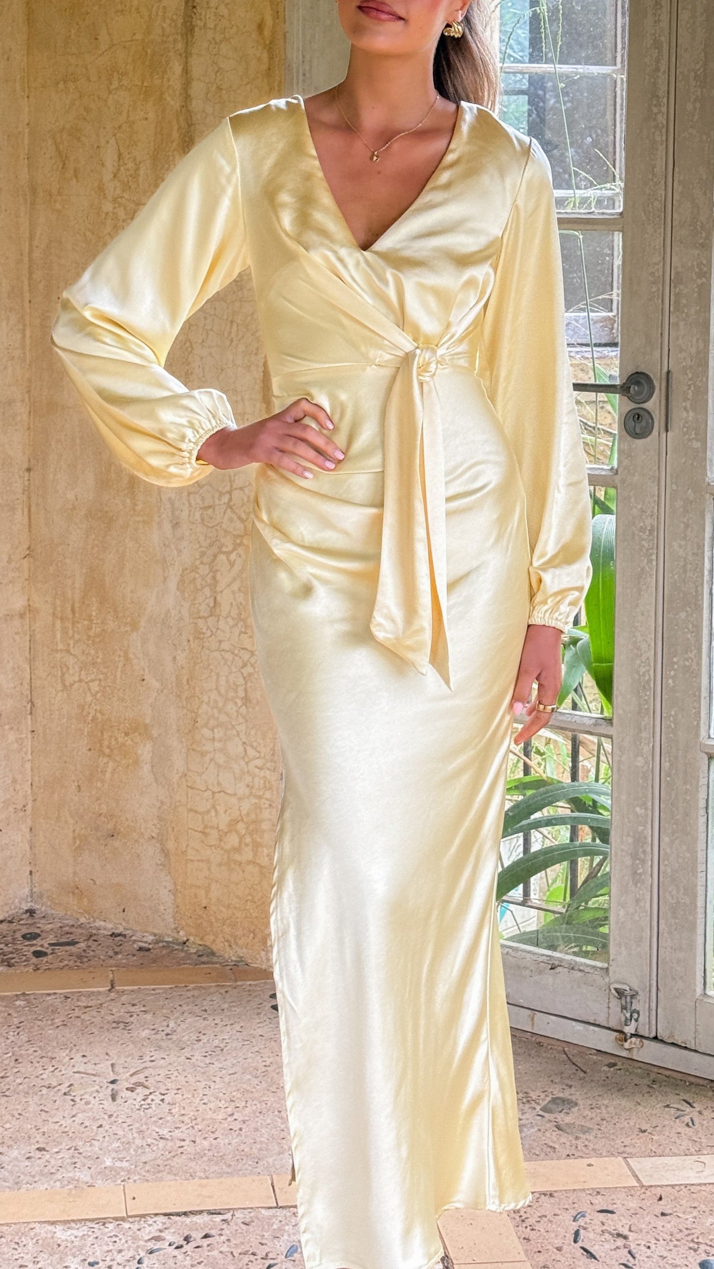 Ivy Long Sleeve Tie Front Maxi Dress - Yellow