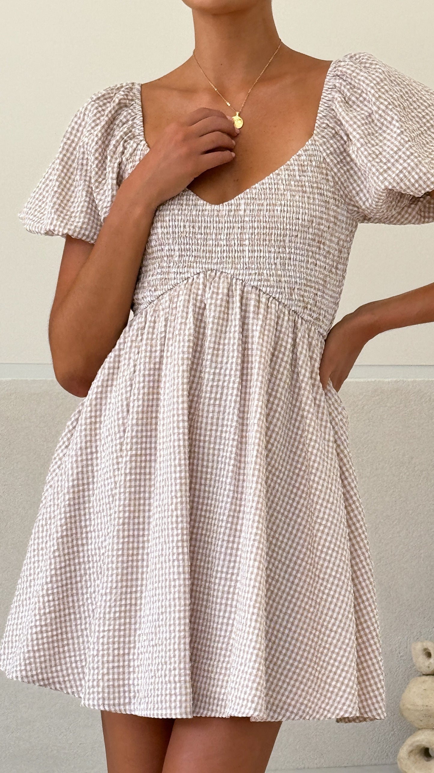 Sahirah Mini Dress - Beige / White Gingham
