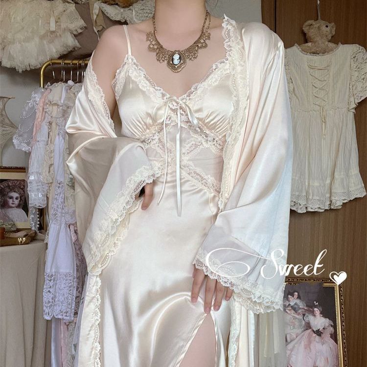 Silk Strap Dress Women Casual Korean Elegant Long Split Dress Patchwork Lace Dress Women Fashion Elegant V Neck