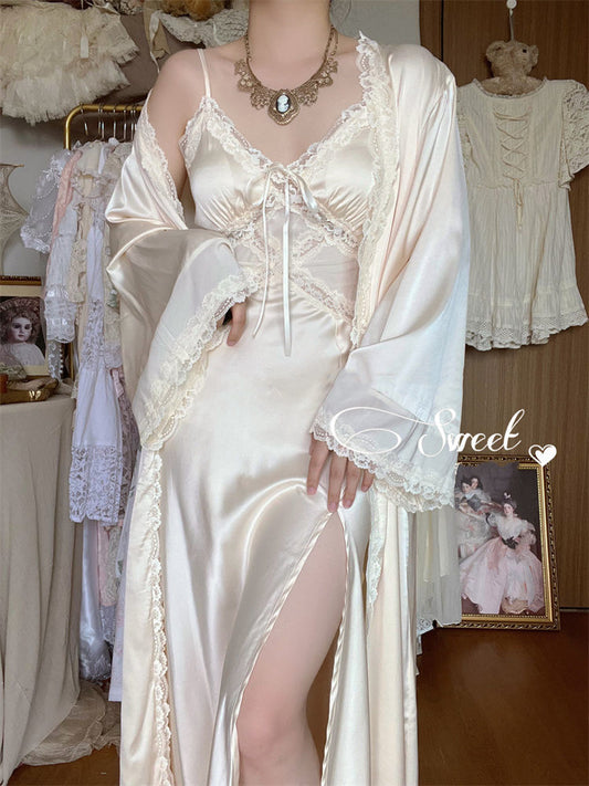Silk Strap Dress Women Casual Korean Elegant Long Split Dress Patchwork Lace Dress Women Fashion Elegant V Neck