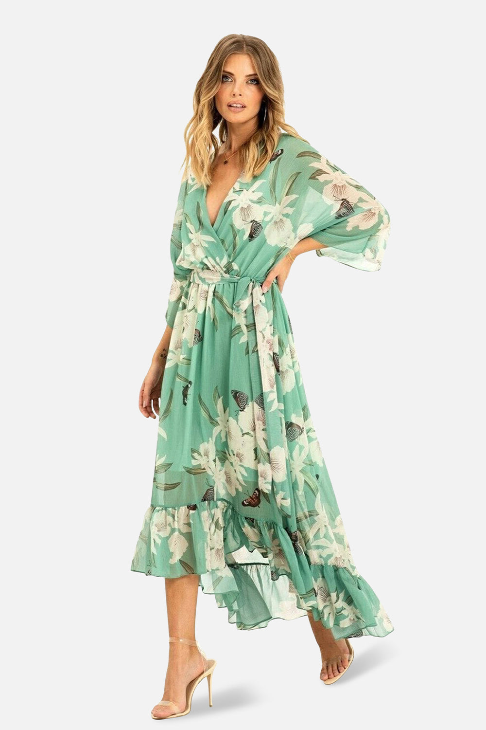 Mint Floral Kimono Sleeves Dip Hem Wrap Midi Dress