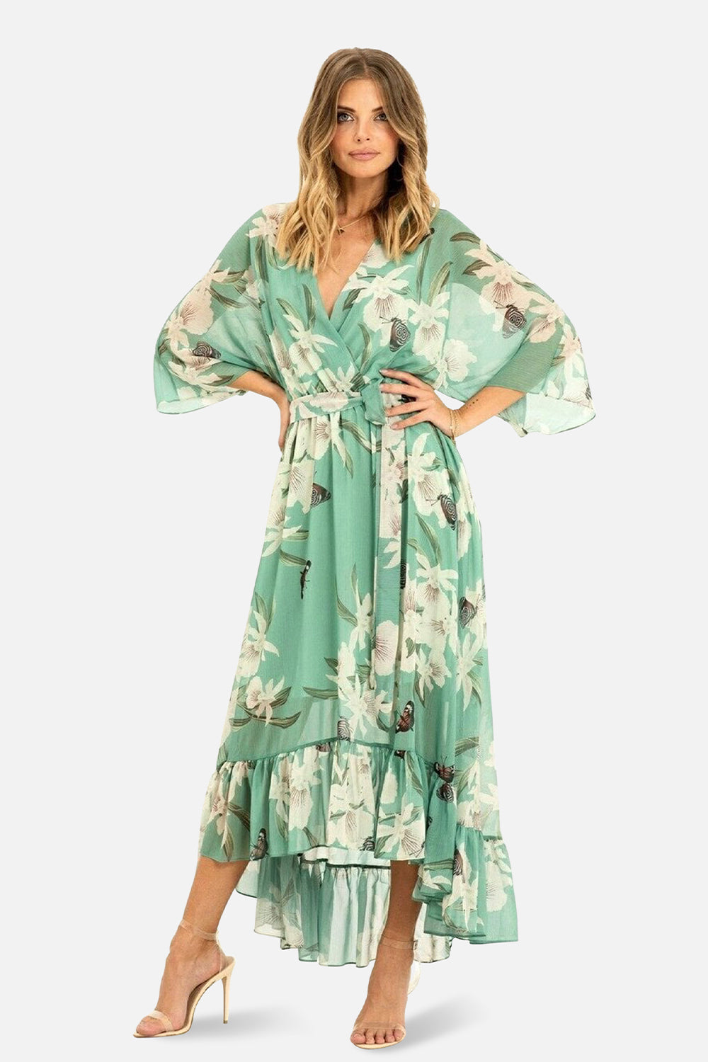 Mint Floral Kimono Sleeves Dip Hem Wrap Midi Dress