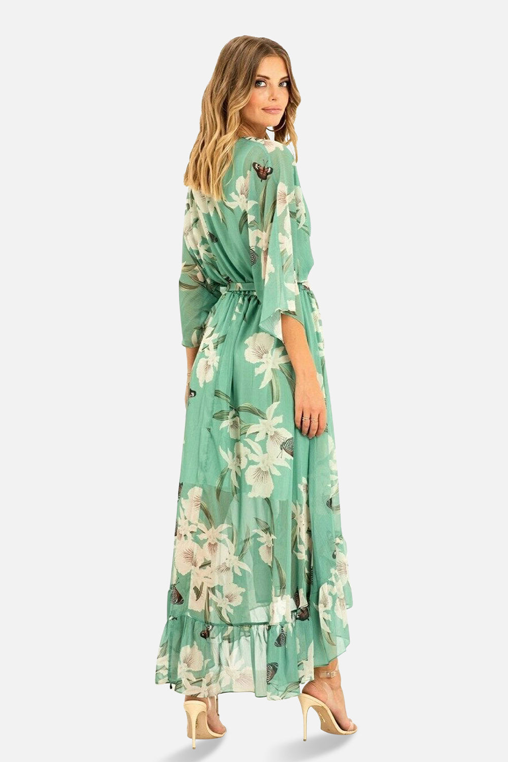 Mint Floral Kimono Sleeves Dip Hem Wrap Midi Dress