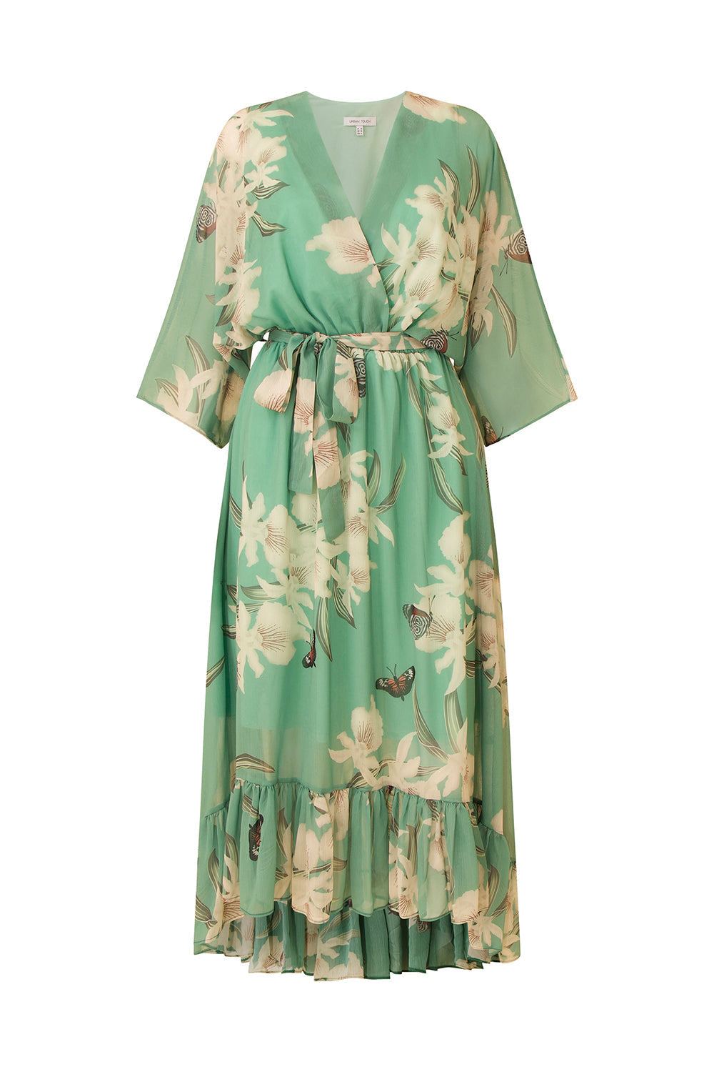 Mint Floral Kimono Sleeves Dip Hem Wrap Midi Dress