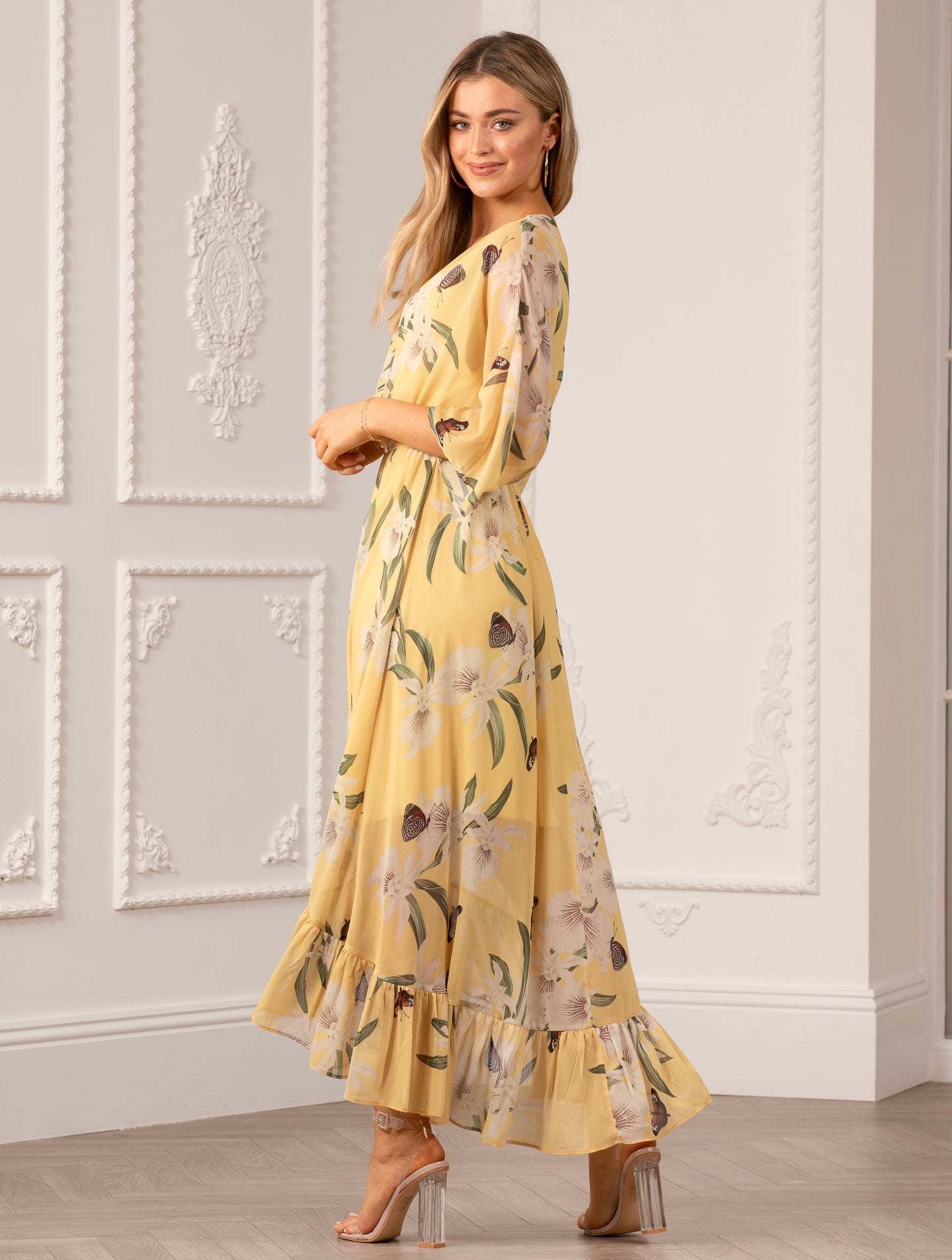 Yellow Floral Kimono Sleeves Dip Hem Wrap Midi Dress