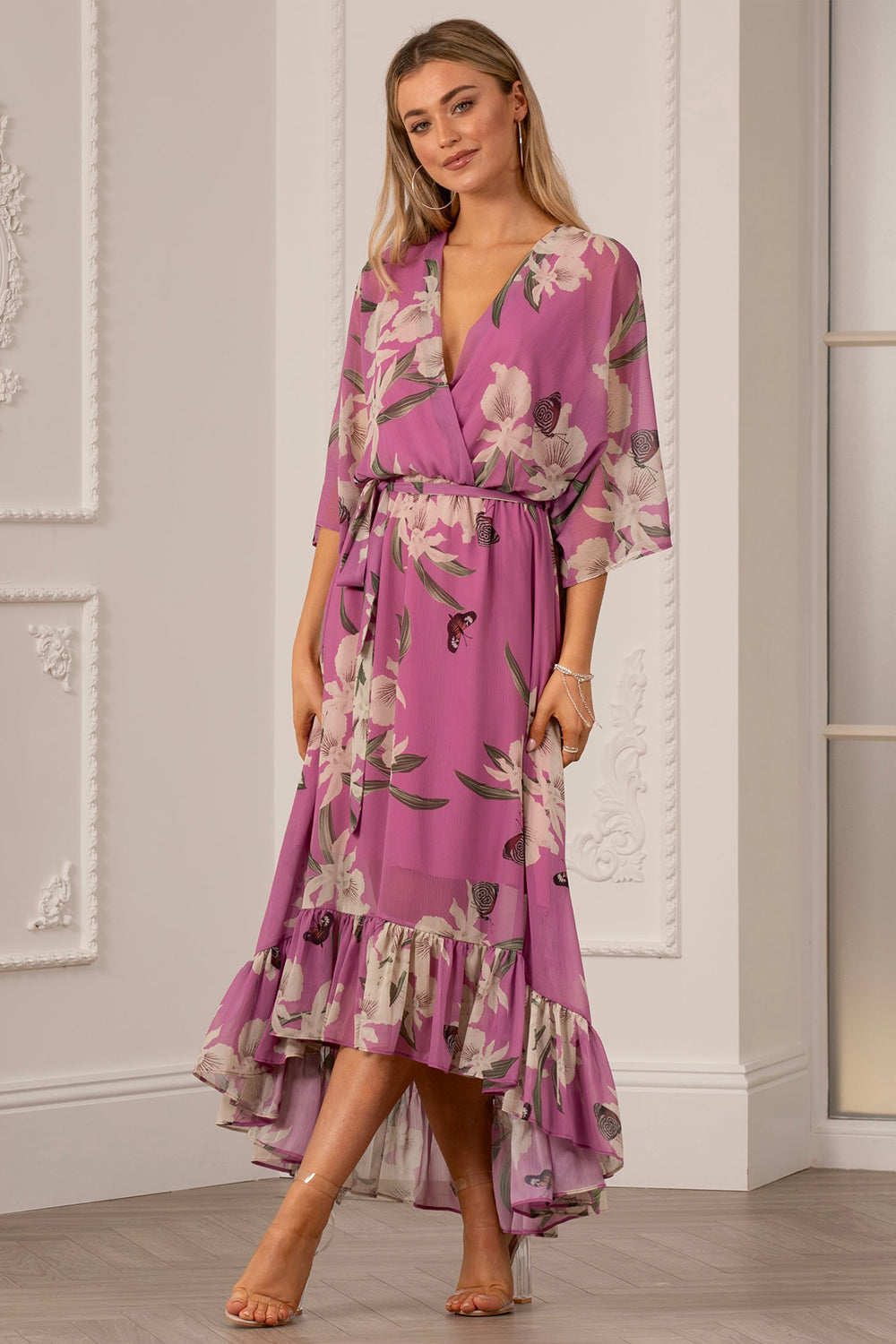 Soft Pink Floral Kimono Sleeves Dip Hem Wrap Midi Dress
