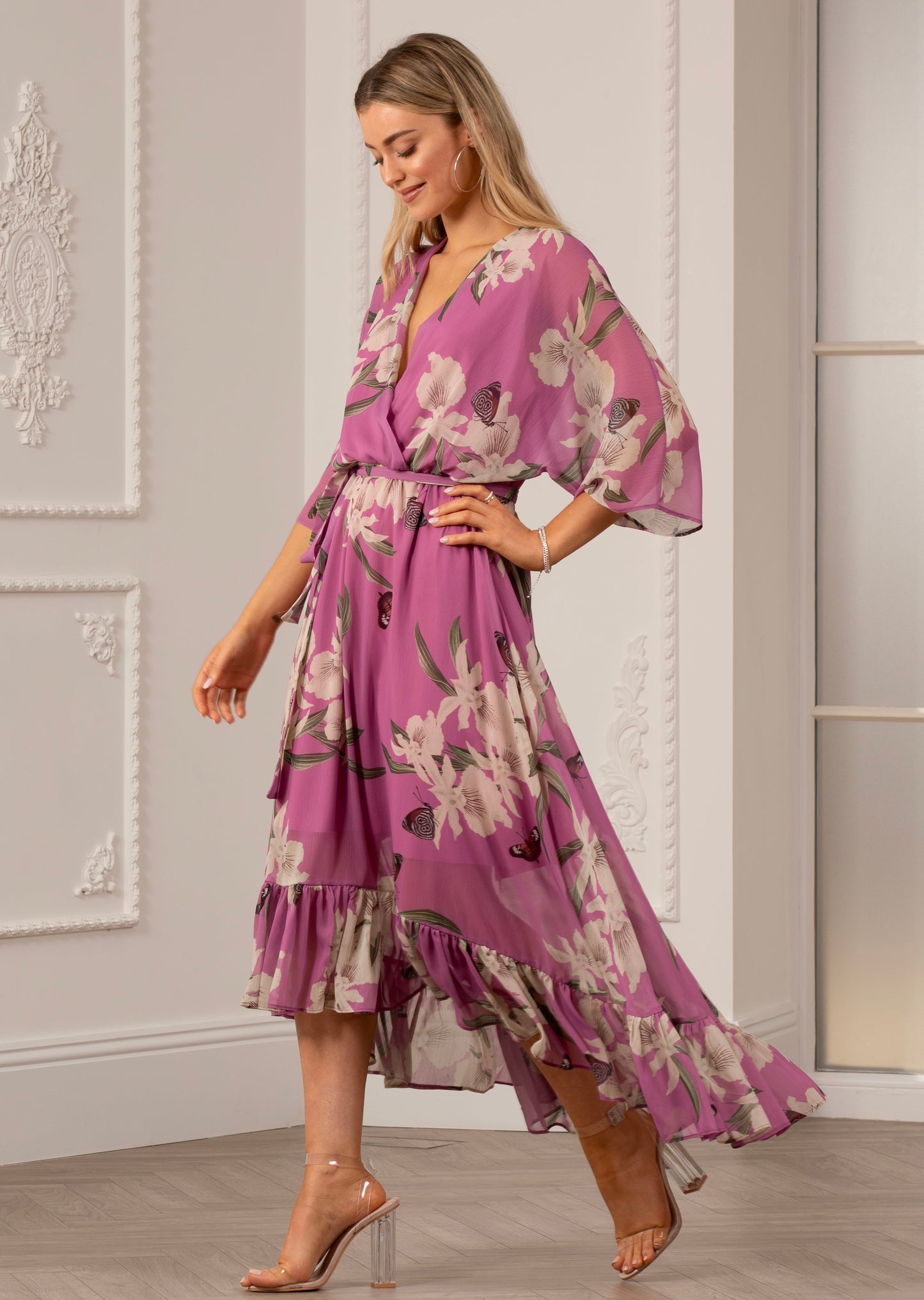 Soft Pink Floral Kimono Sleeves Dip Hem Wrap Midi Dress