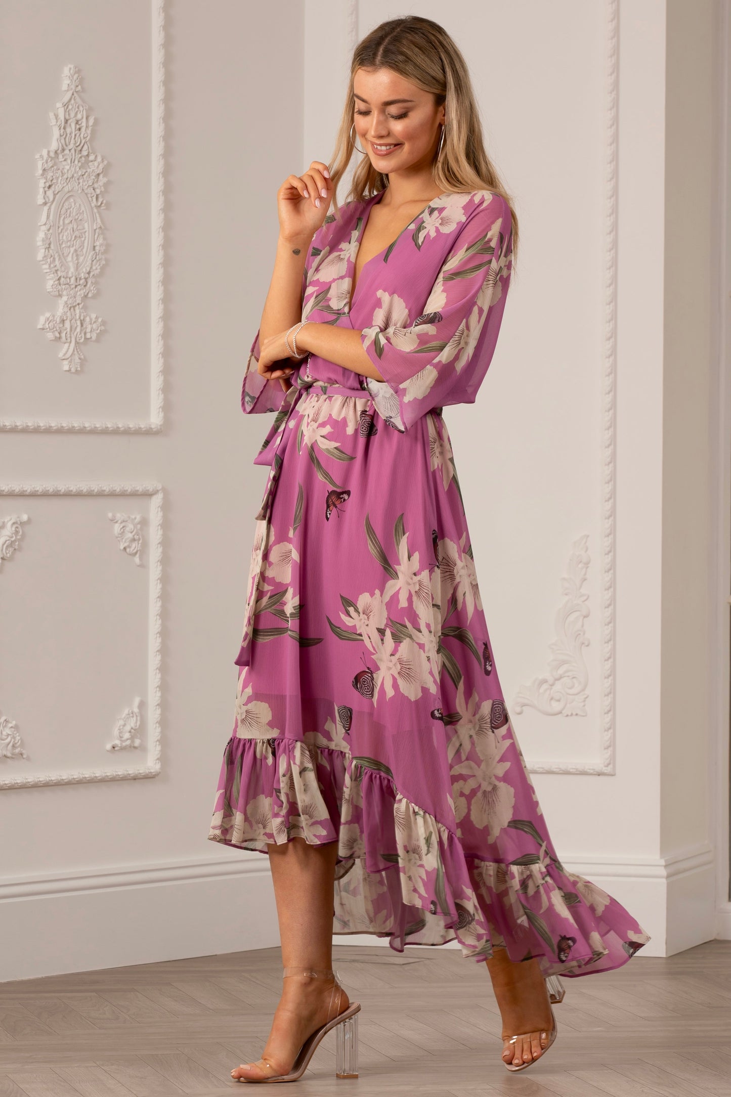 Soft Pink Floral Kimono Sleeves Dip Hem Wrap Midi Dress