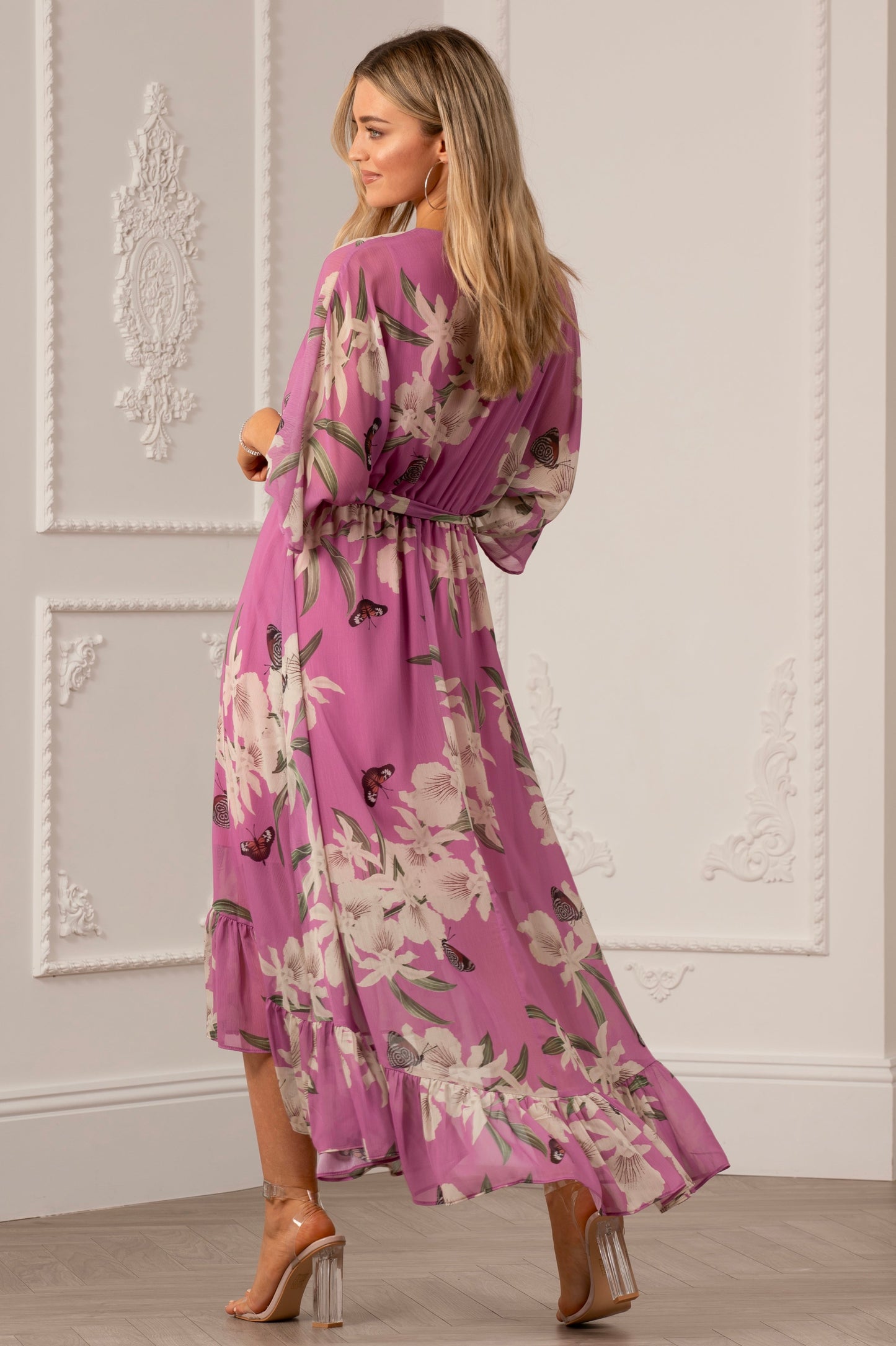 Soft Pink Floral Kimono Sleeves Dip Hem Wrap Midi Dress