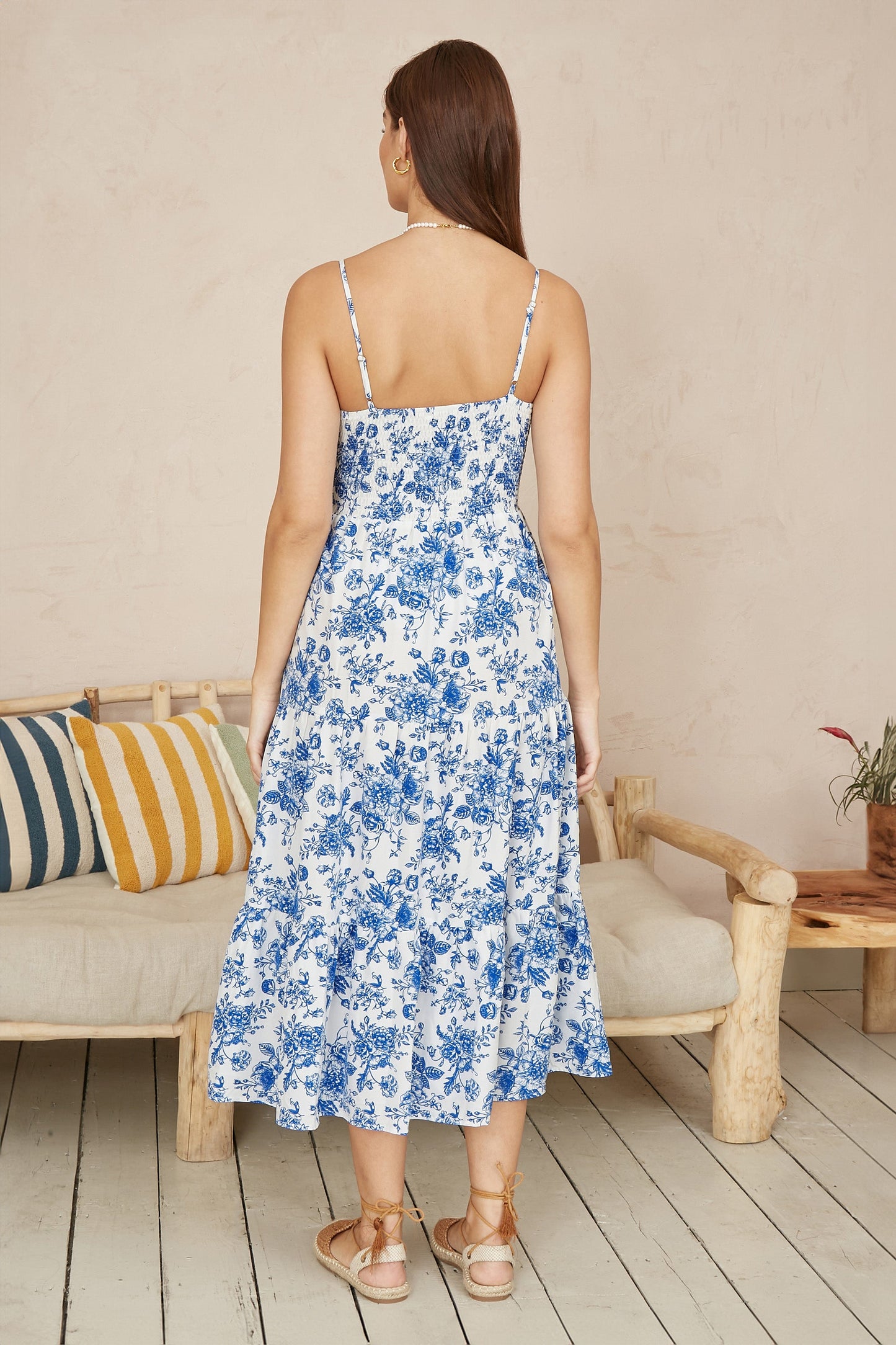 Yumi Blue Floral Strappy Midi Dress With Front Tie