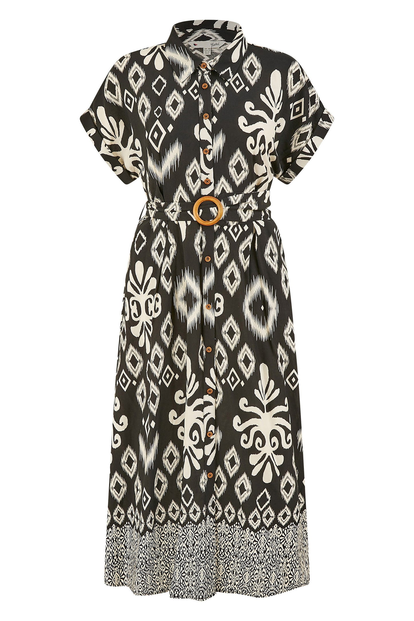 Yumi Black Abstract Geo Print Relaxed Midi Shirt Dress With Belt
