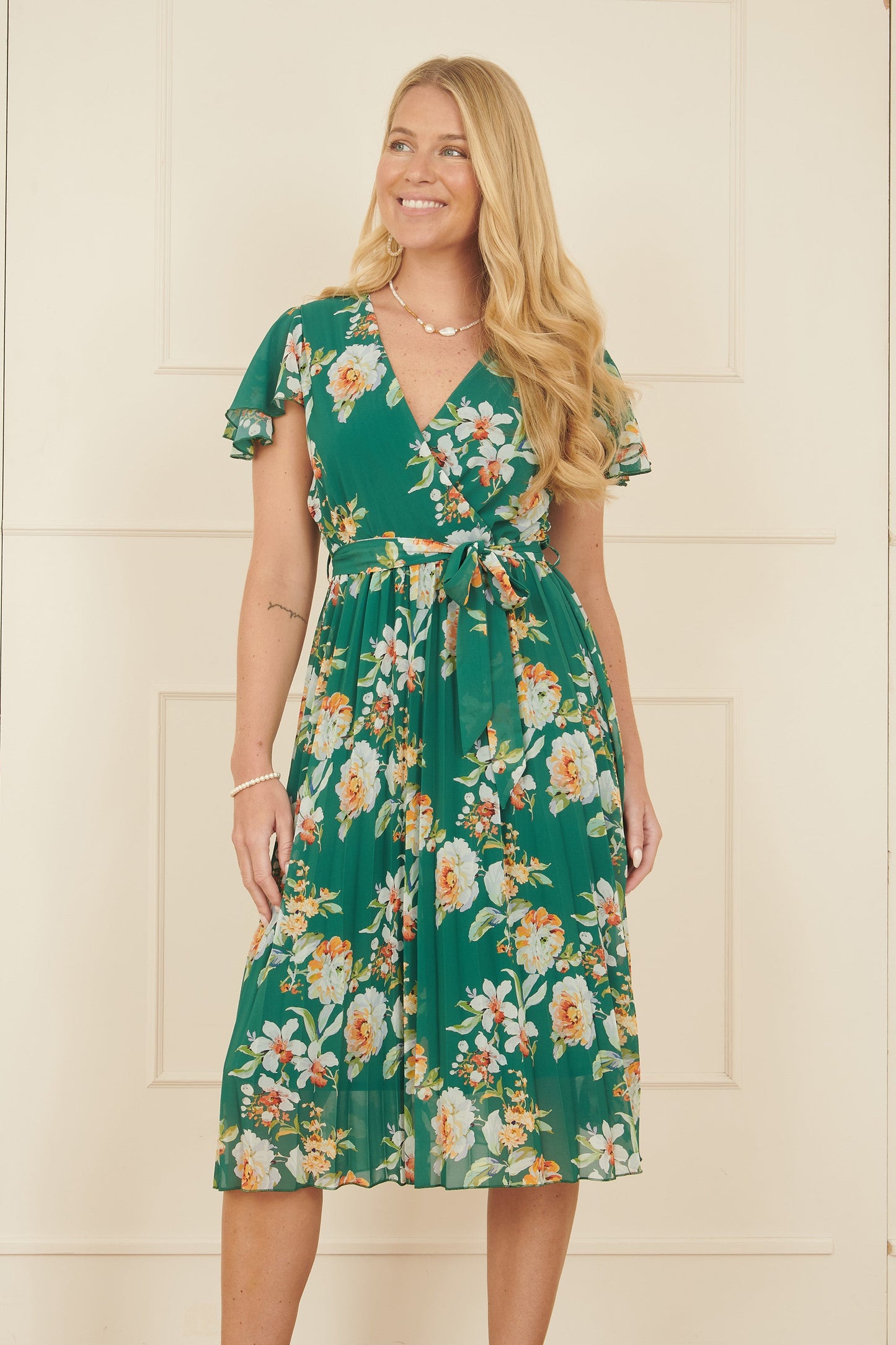 Yumi Green Floral Pleated Wrap Dress
