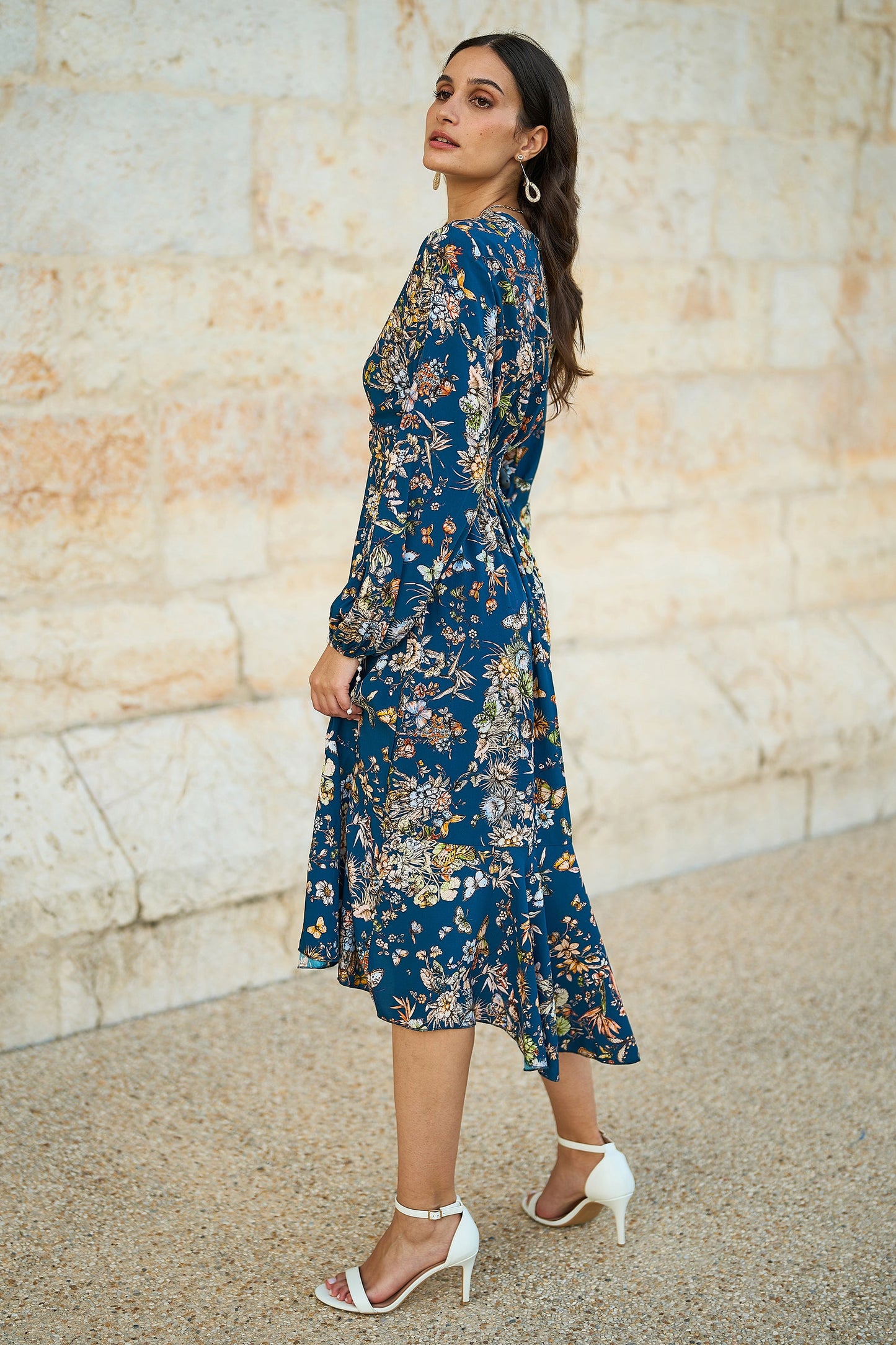 Yumi Blue Butterly Floral Tie Knot Front Long Sleeve Midi Dress