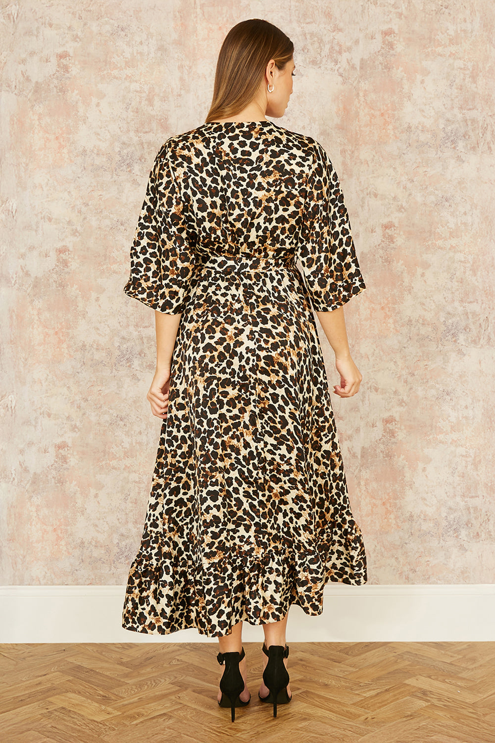 Yumi Brown Leopard Midi Wrap Dress With Kimono Sleeves