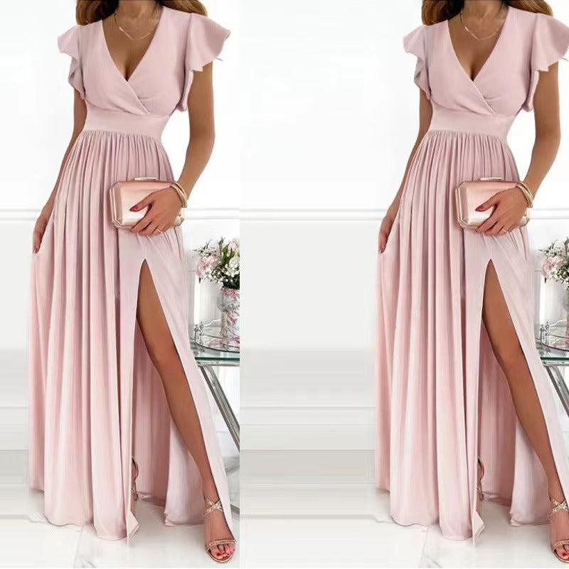 Solid Color V-Neck Short Sleeve Casual Maxi Dress