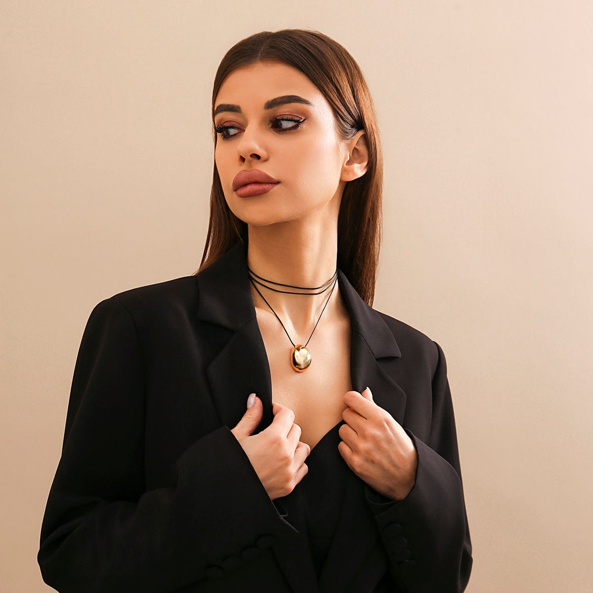 Geometric Gold Silver Tone Metallic Oval Pendant Wax Cord Necklace