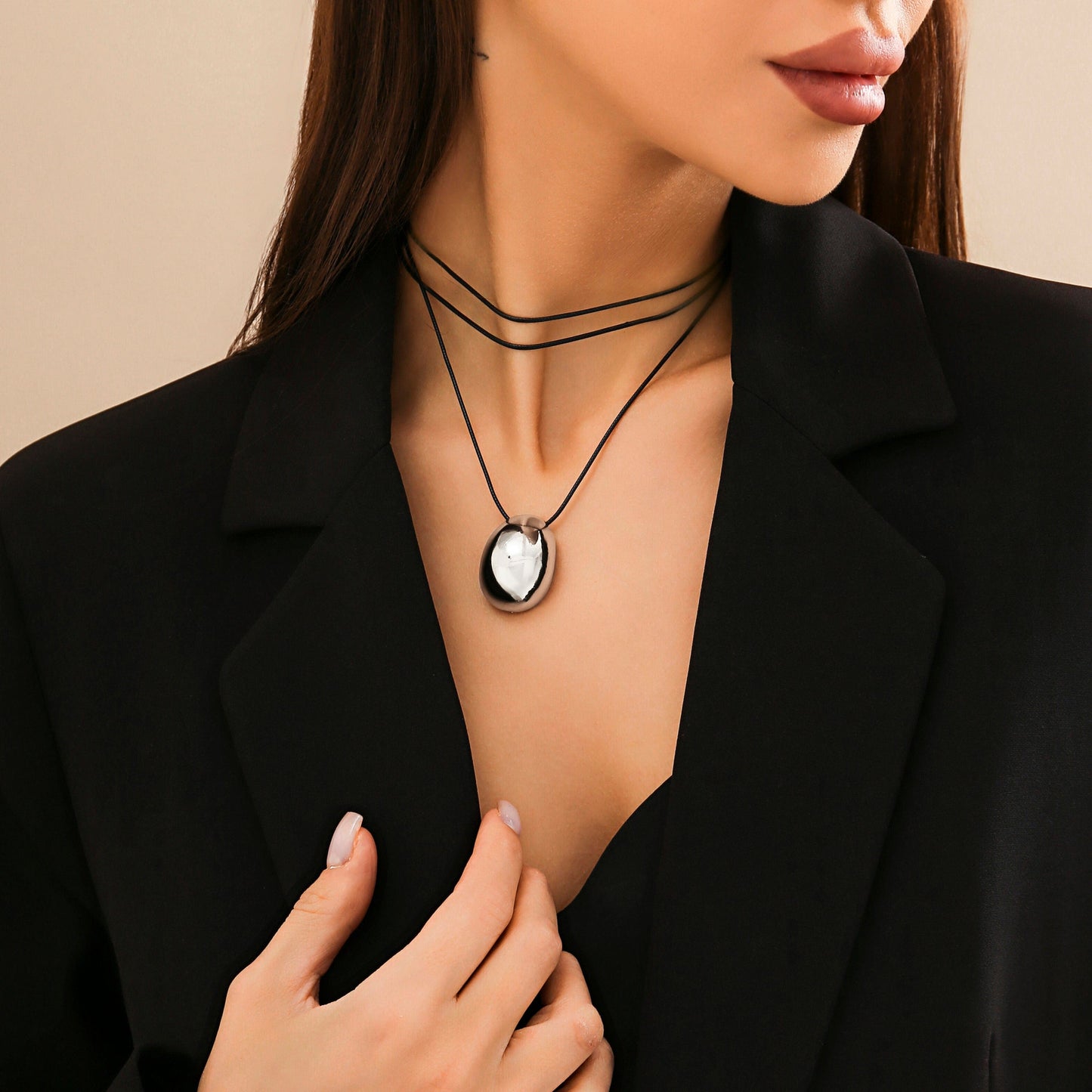 Geometric Gold Silver Tone Metallic Oval Pendant Wax Cord Necklace