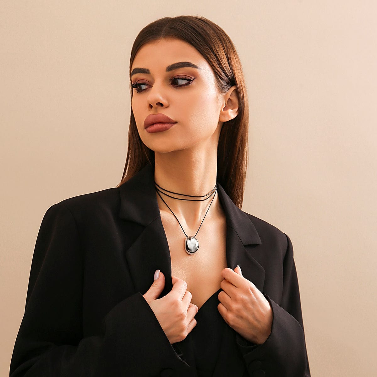 Geometric Gold Silver Tone Metallic Oval Pendant Wax Cord Necklace