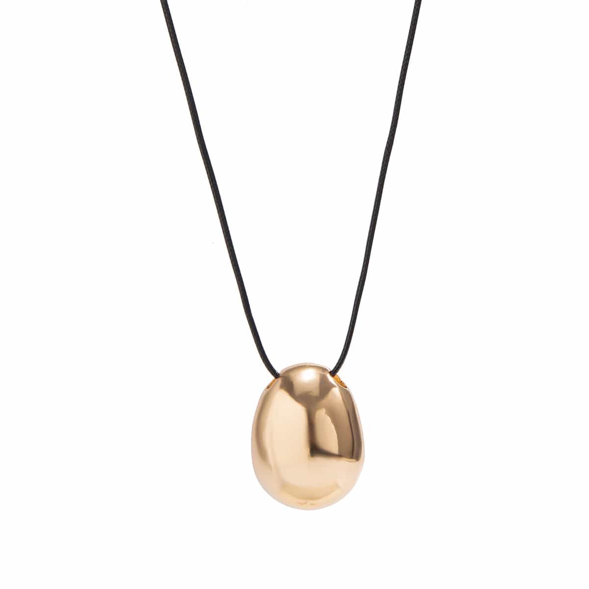 Geometric Gold Silver Tone Metallic Oval Pendant Wax Cord Necklace