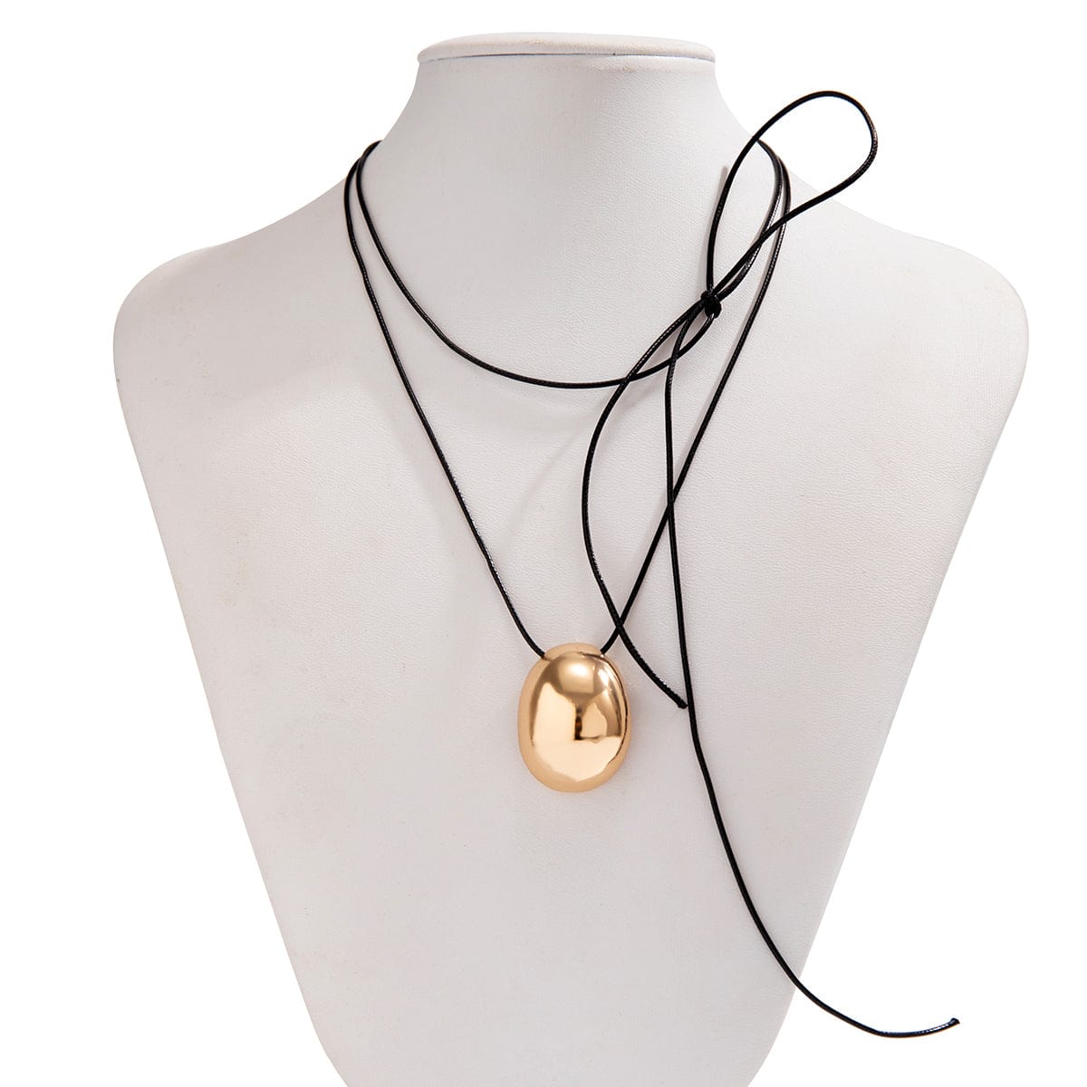 Geometric Gold Silver Tone Metallic Oval Pendant Wax Cord Necklace