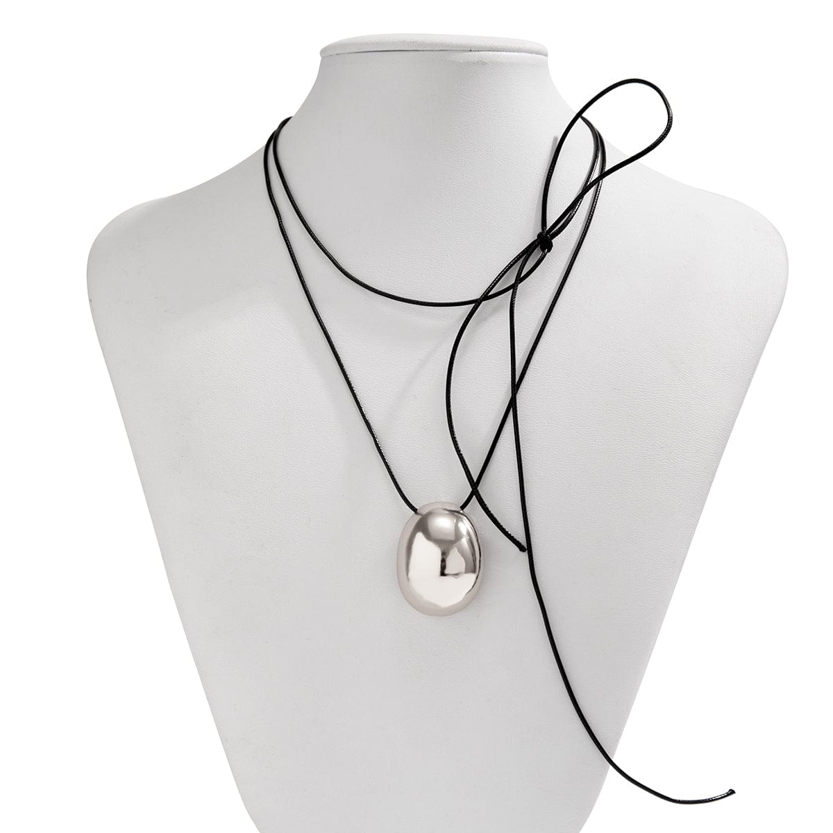 Geometric Gold Silver Tone Metallic Oval Pendant Wax Cord Necklace
