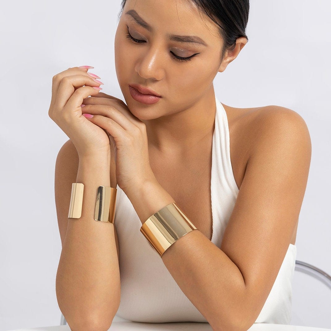 Geometric Gold Silver Tone Mirror Wrist Cuff Wrap Wide Bangle