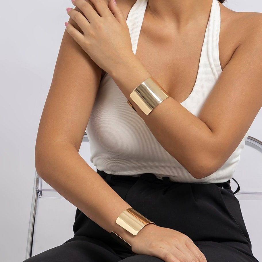 Geometric Gold Silver Tone Mirror Wrist Cuff Wrap Wide Bangle