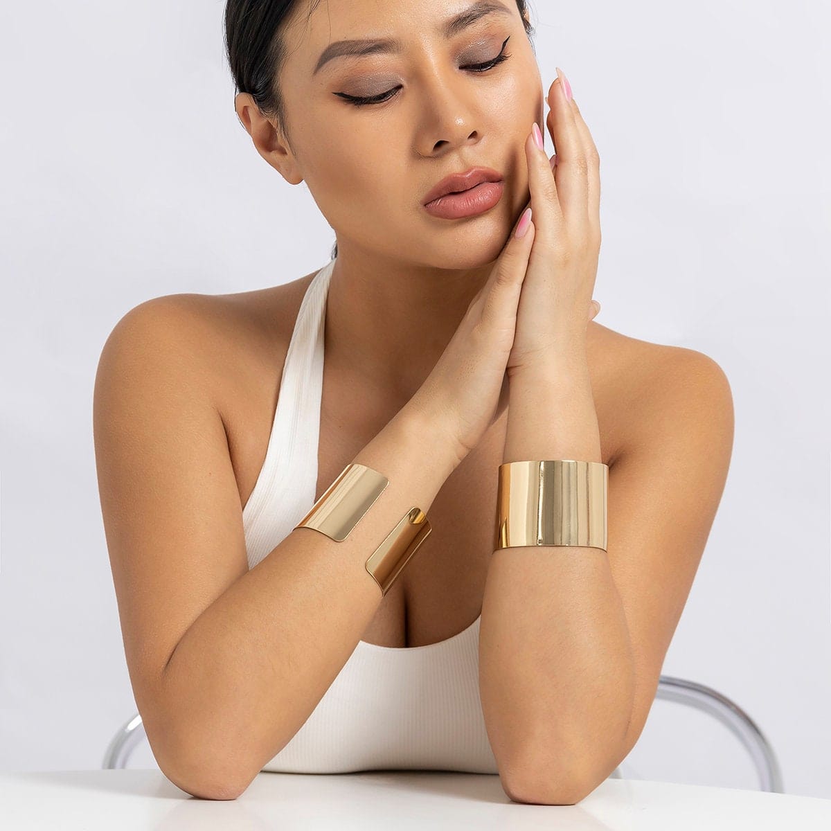 Geometric Gold Silver Tone Mirror Wrist Cuff Wrap Wide Bangle