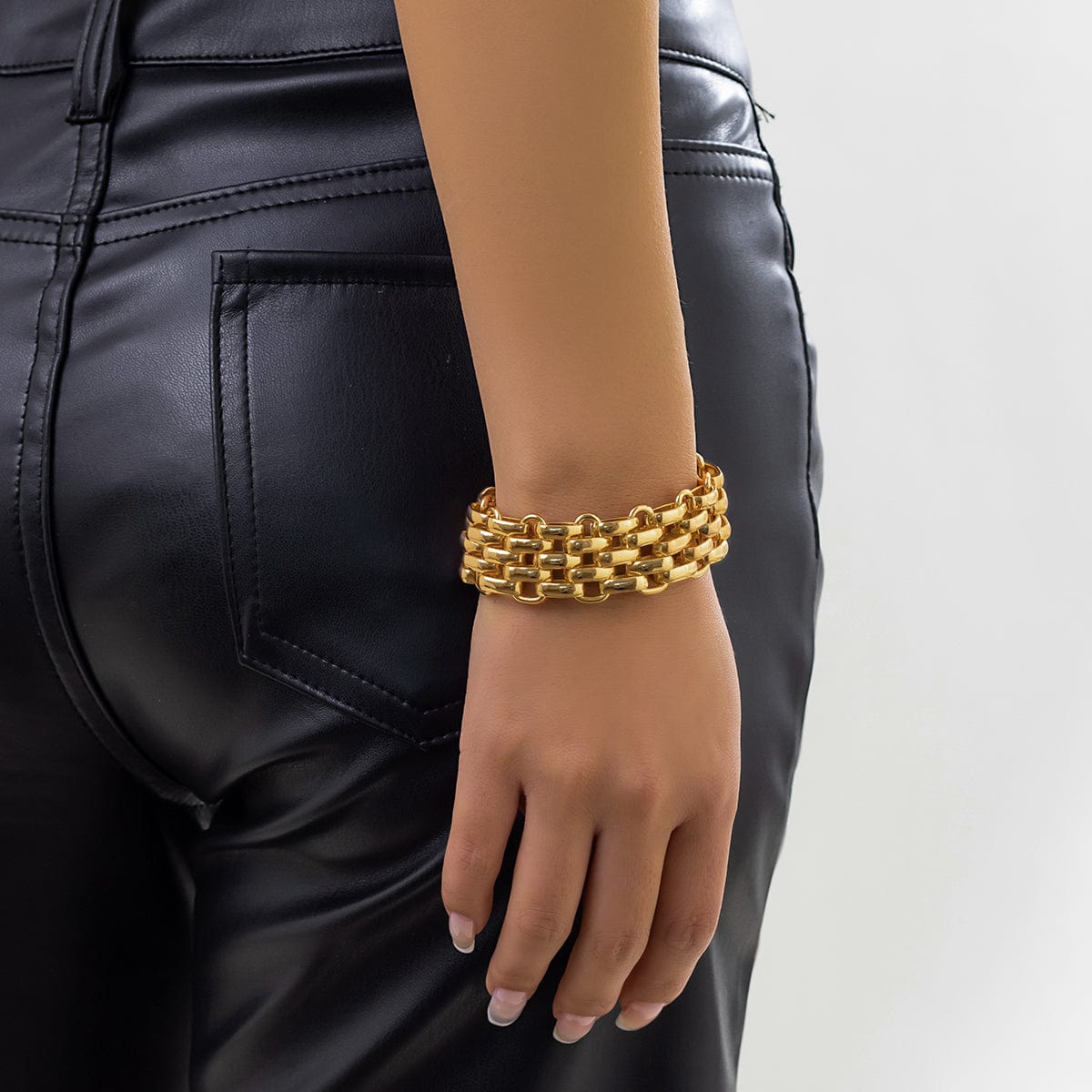 Geometric Gold Tone Metallic Wide Band Chain Bracelet