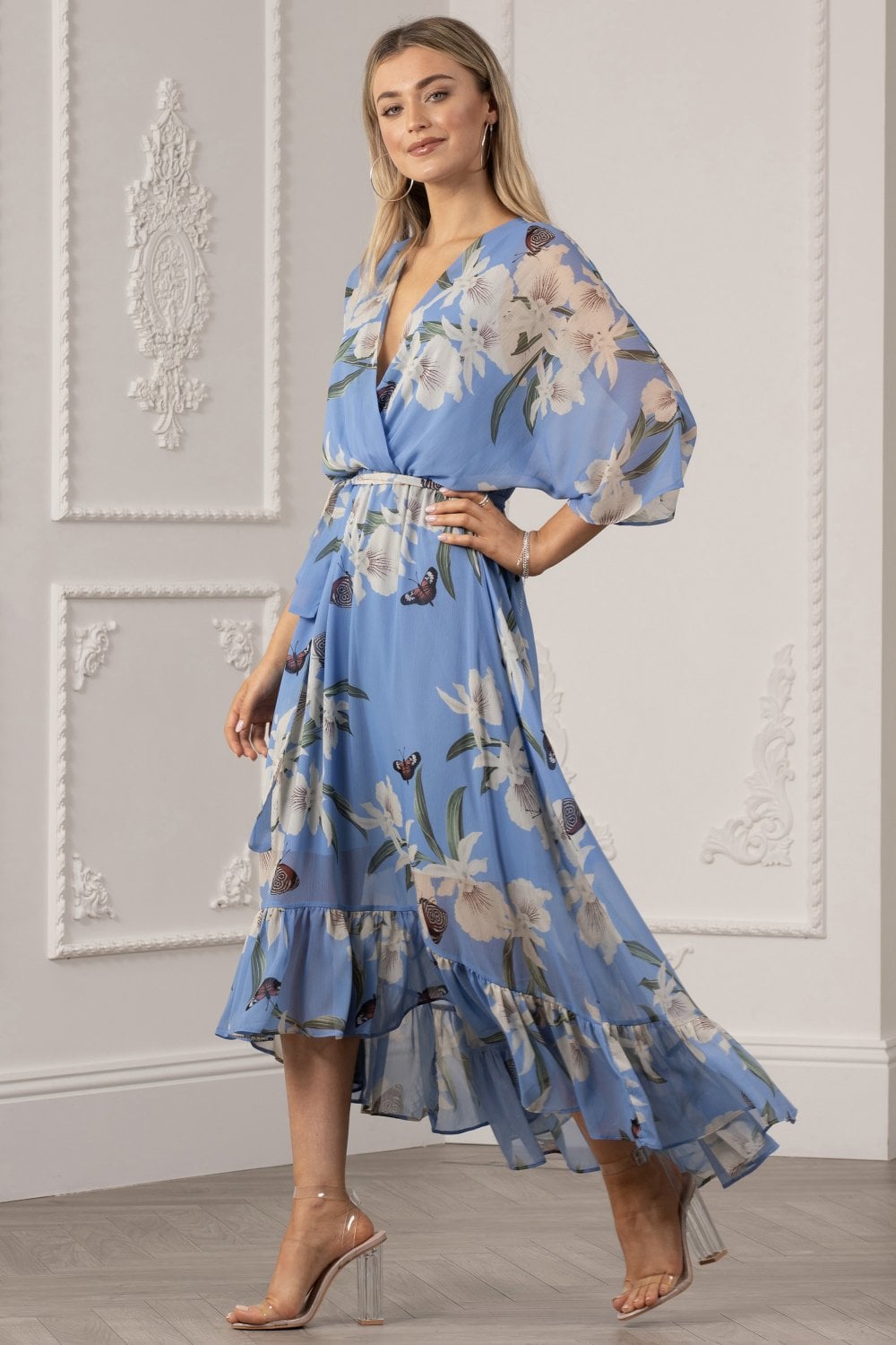 Light Blue Floral Kimono Sleeves Dip Hem Wrap Midi Dress