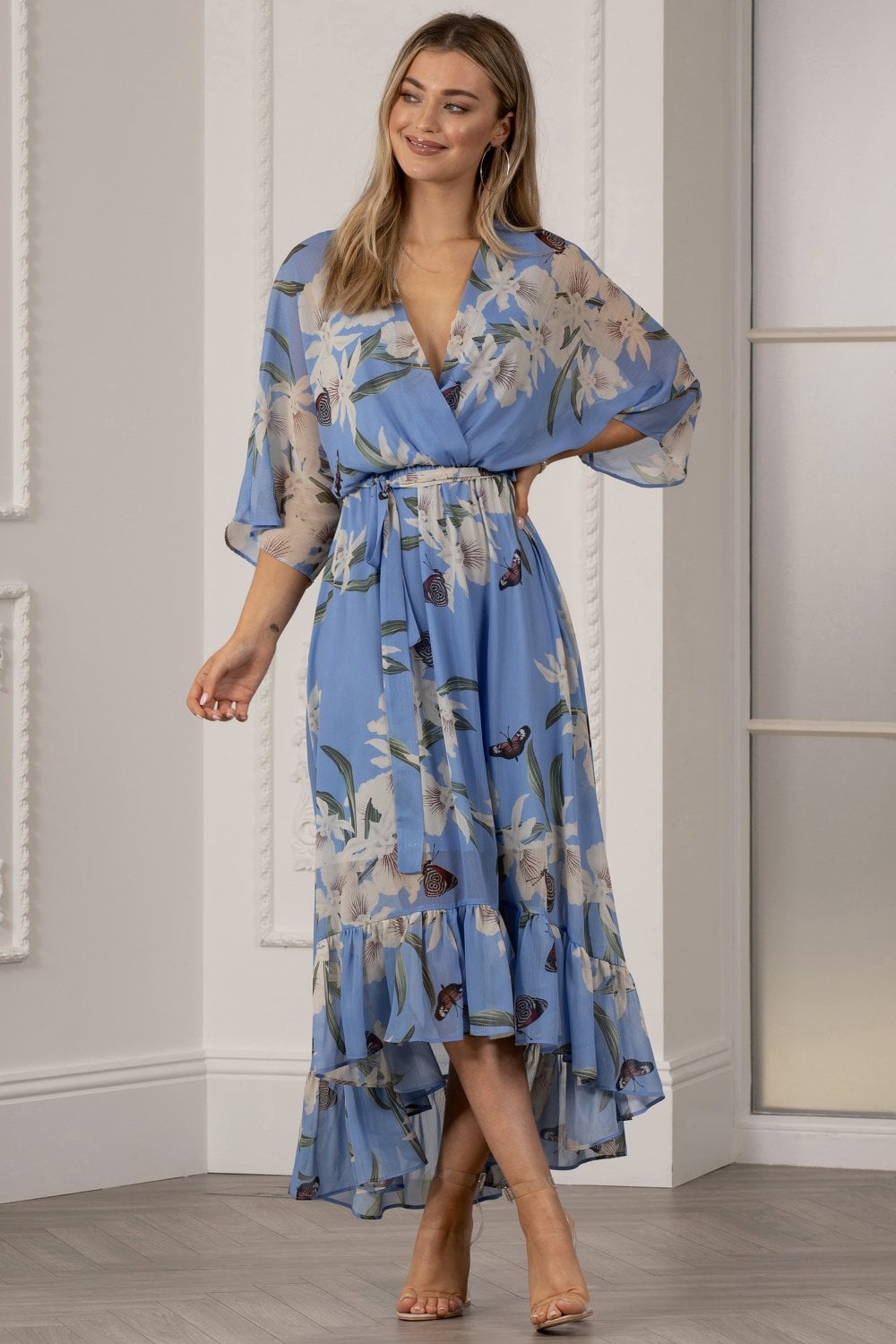 Light Blue Floral Kimono Sleeves Dip Hem Wrap Midi Dress