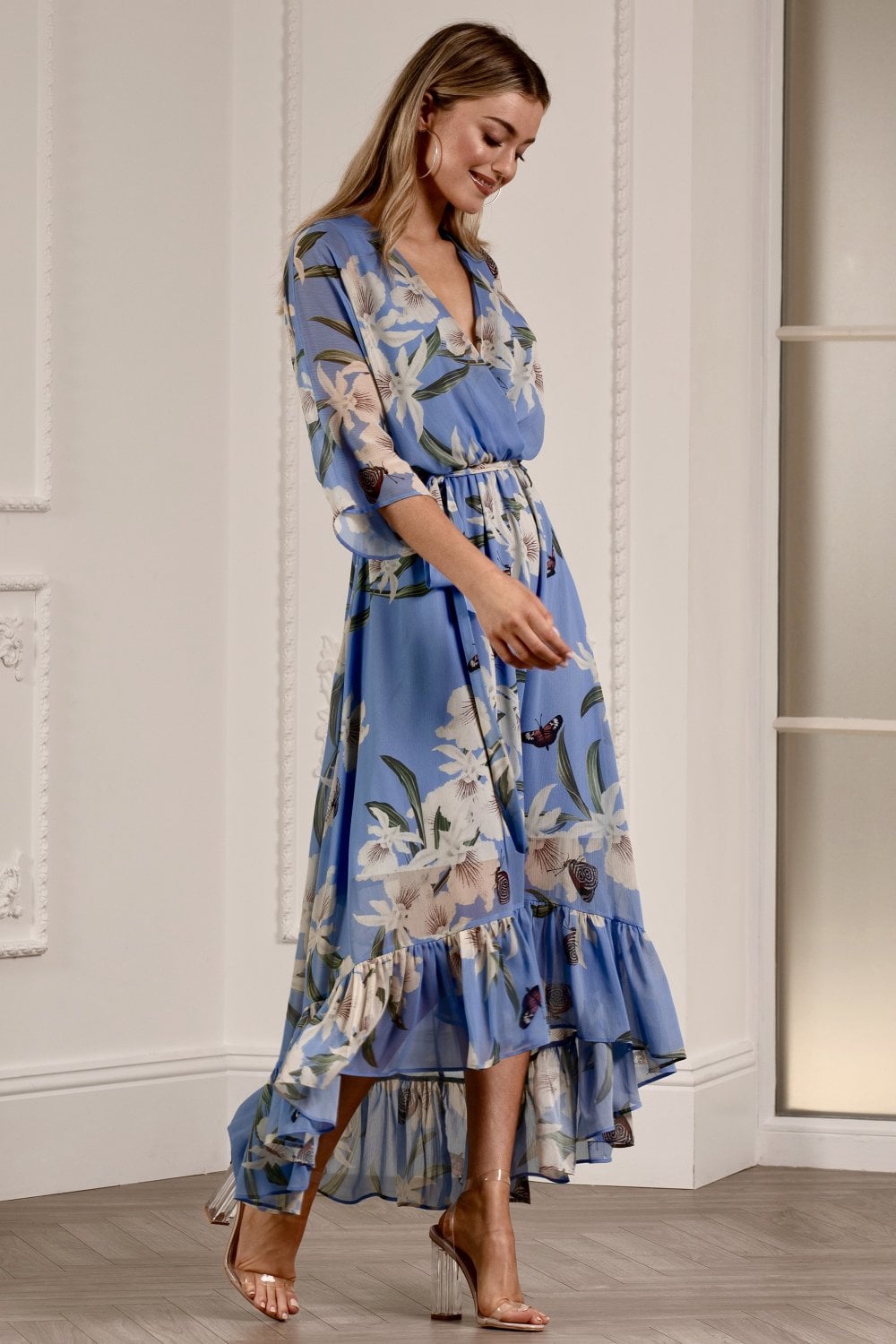 Light Blue Floral Kimono Sleeves Dip Hem Wrap Midi Dress