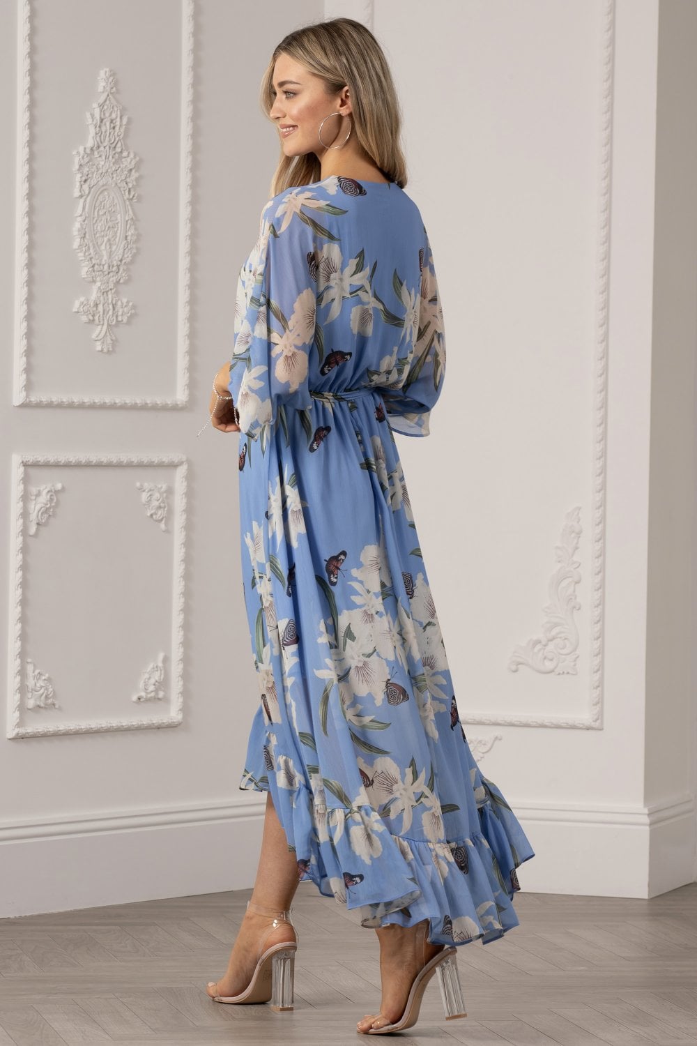 Light Blue Floral Kimono Sleeves Dip Hem Wrap Midi Dress