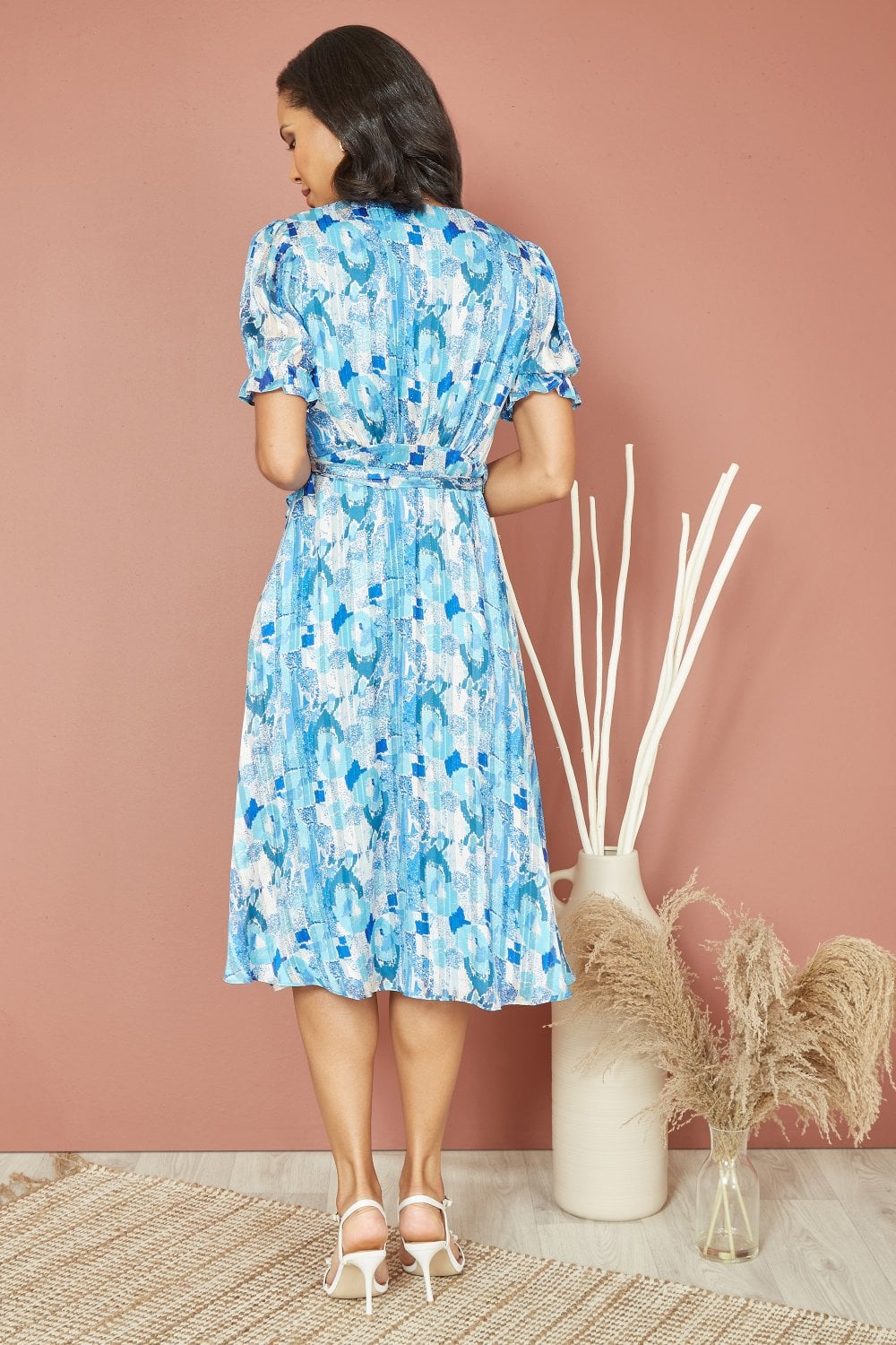 Mela Blue Abstract Print Tea Dress With Pleats And Front Split